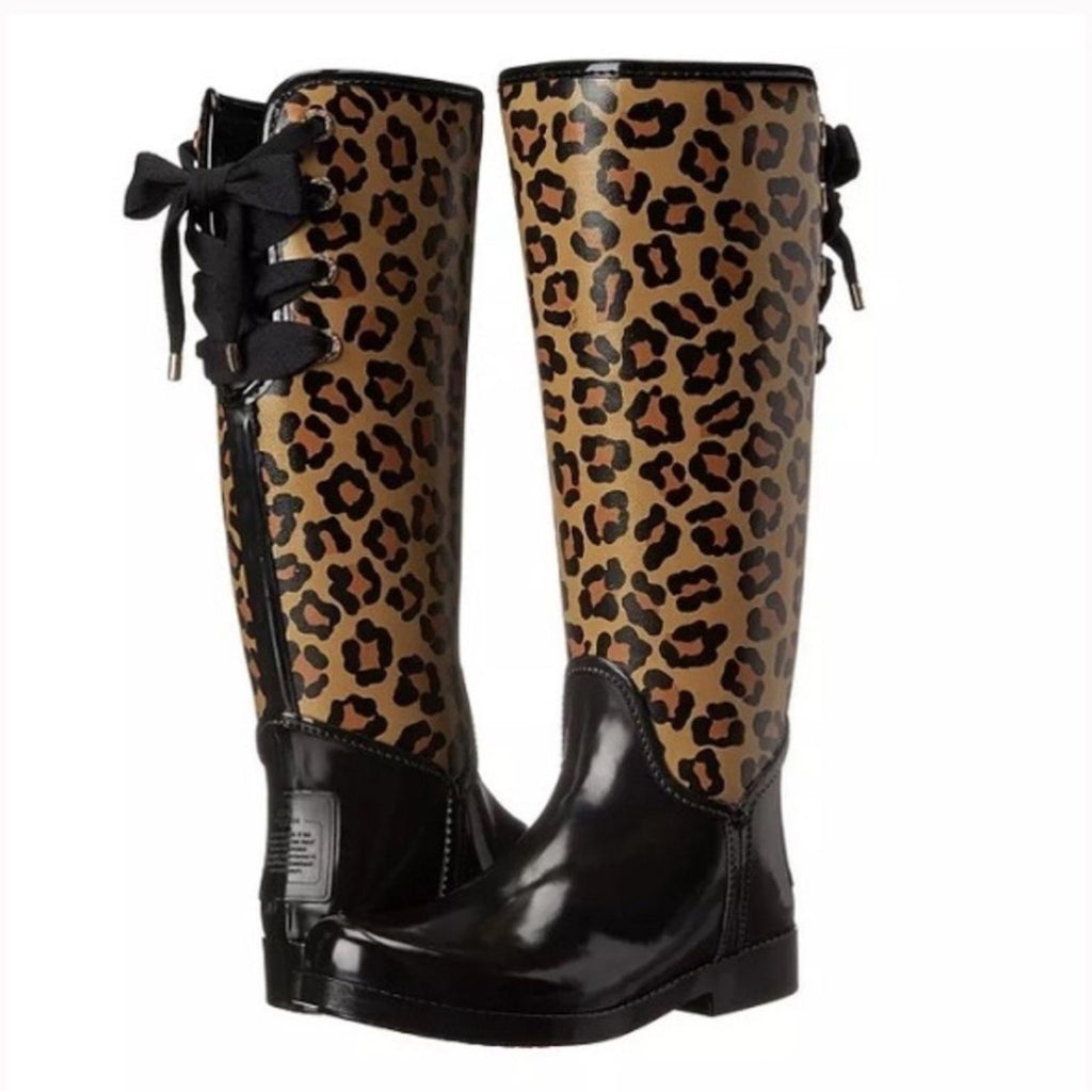 COACH Cozy Tristee Style Lace-Up Rain Boots in Animal Print, Size 9 EXCELLENT!