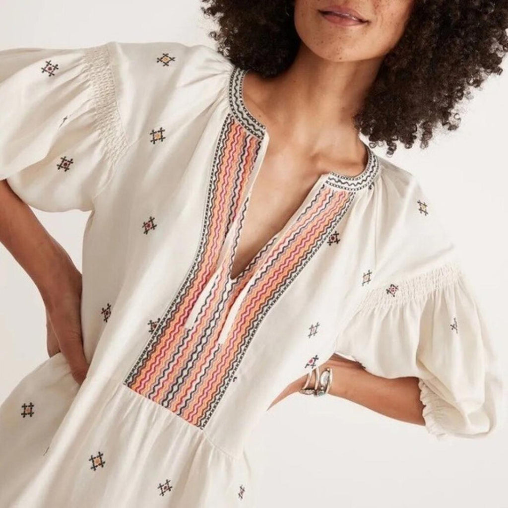 Marine Layer Tiered Boho Embroidered Dress, Linen Blend Size L New w/Tag $158