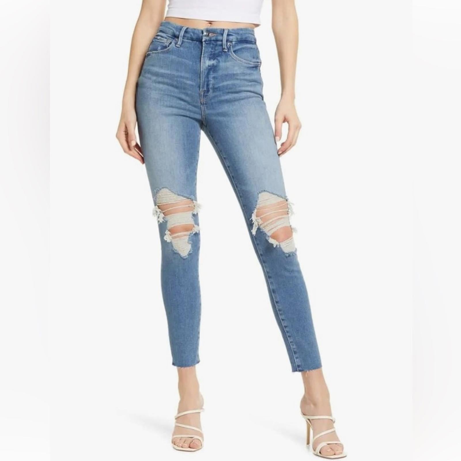 Good American Frayed Hem Distressed Jeans, Indigo Blue,  NWT, Size 16