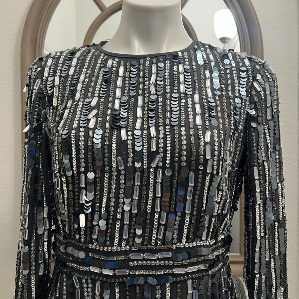 Mac Duggal Embellished High Neck Long Sleeve Fitted Dress Size 8 NEW Retail $458