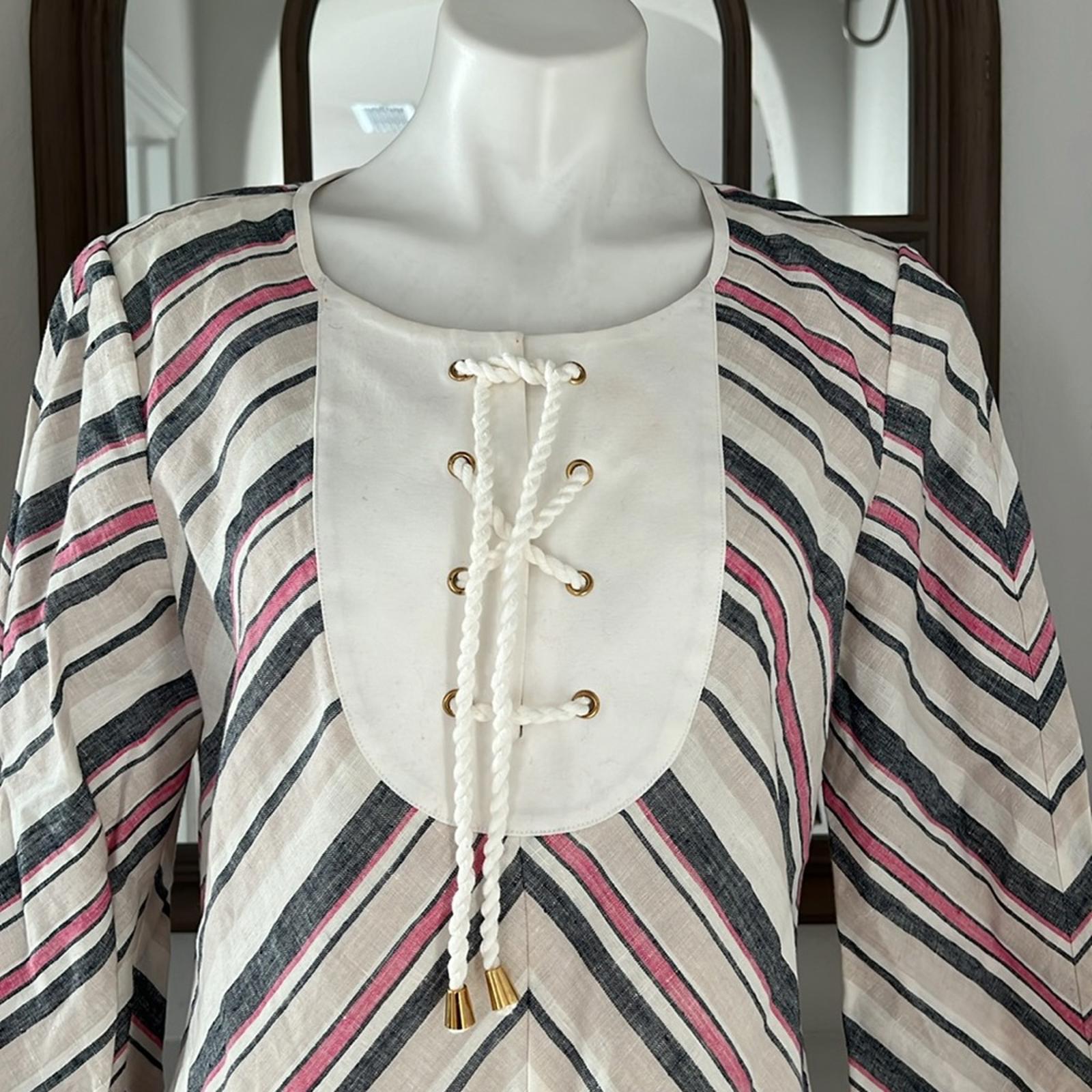 NEW Tory Burch Linen Lace-Up Diagonal Stripe Blouse, Size 12