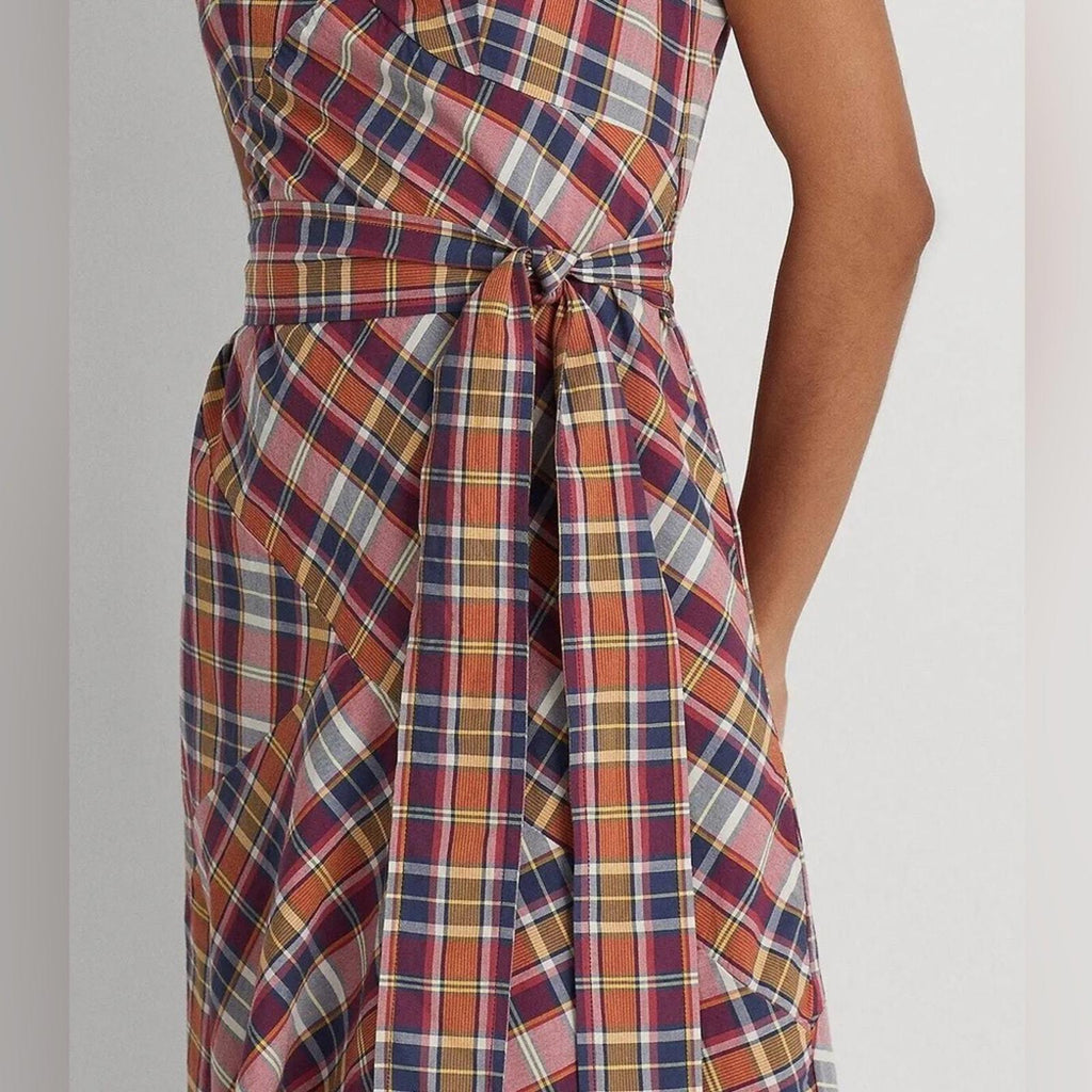 Lauren Ralph Lauren Madras Plaid Belted Midi Dress, Size 18, New w/Tag