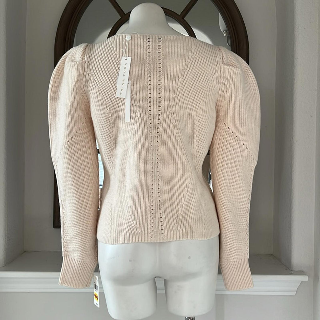 Trina Turk Dalhart Mixed-Stitch Puff-Shoulder Sweater in Ecru, Size L New w/Tag
