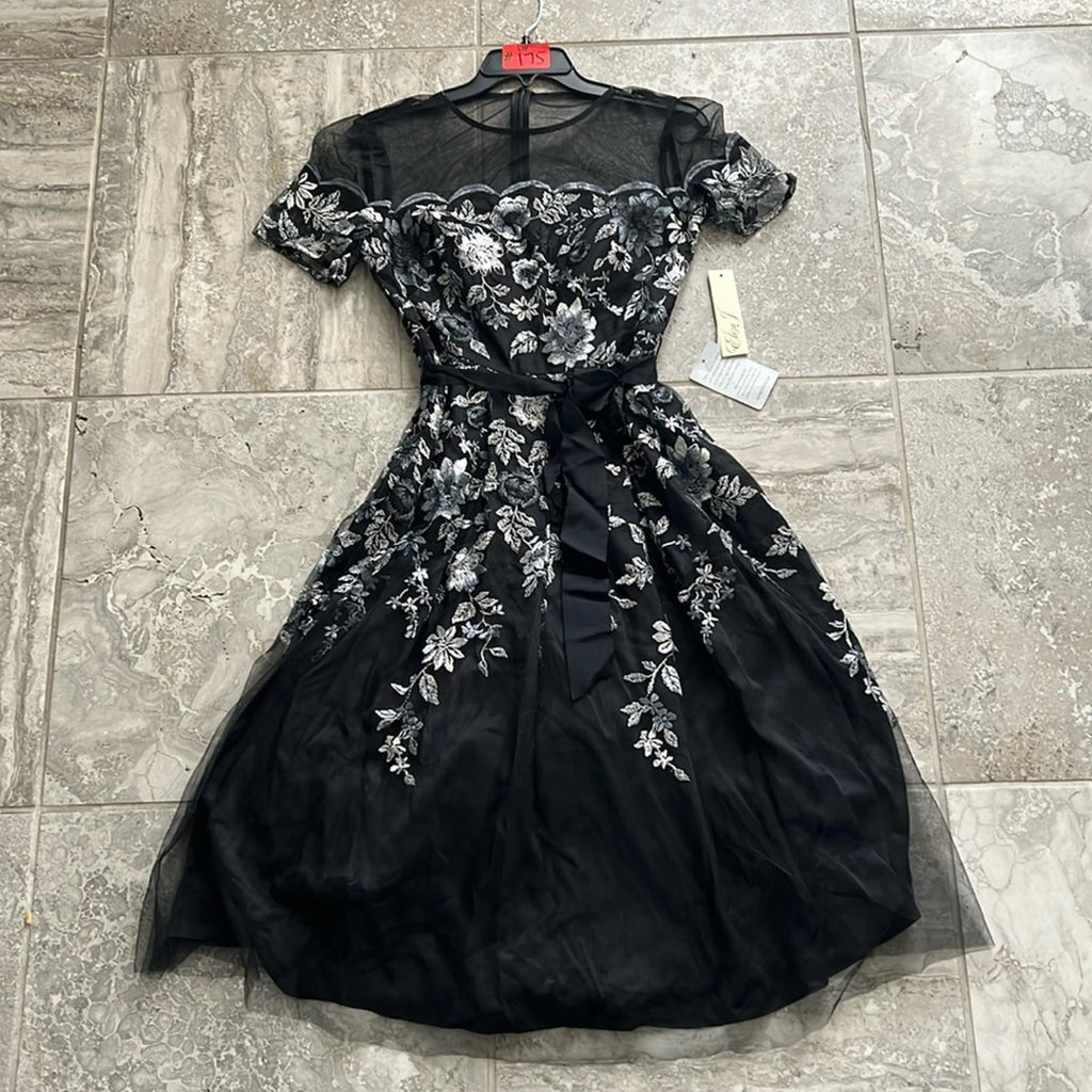 Eliza J. Embroidered Illusion Fit & Flare Dress w/Pockets Black Size 2 New w/Tag