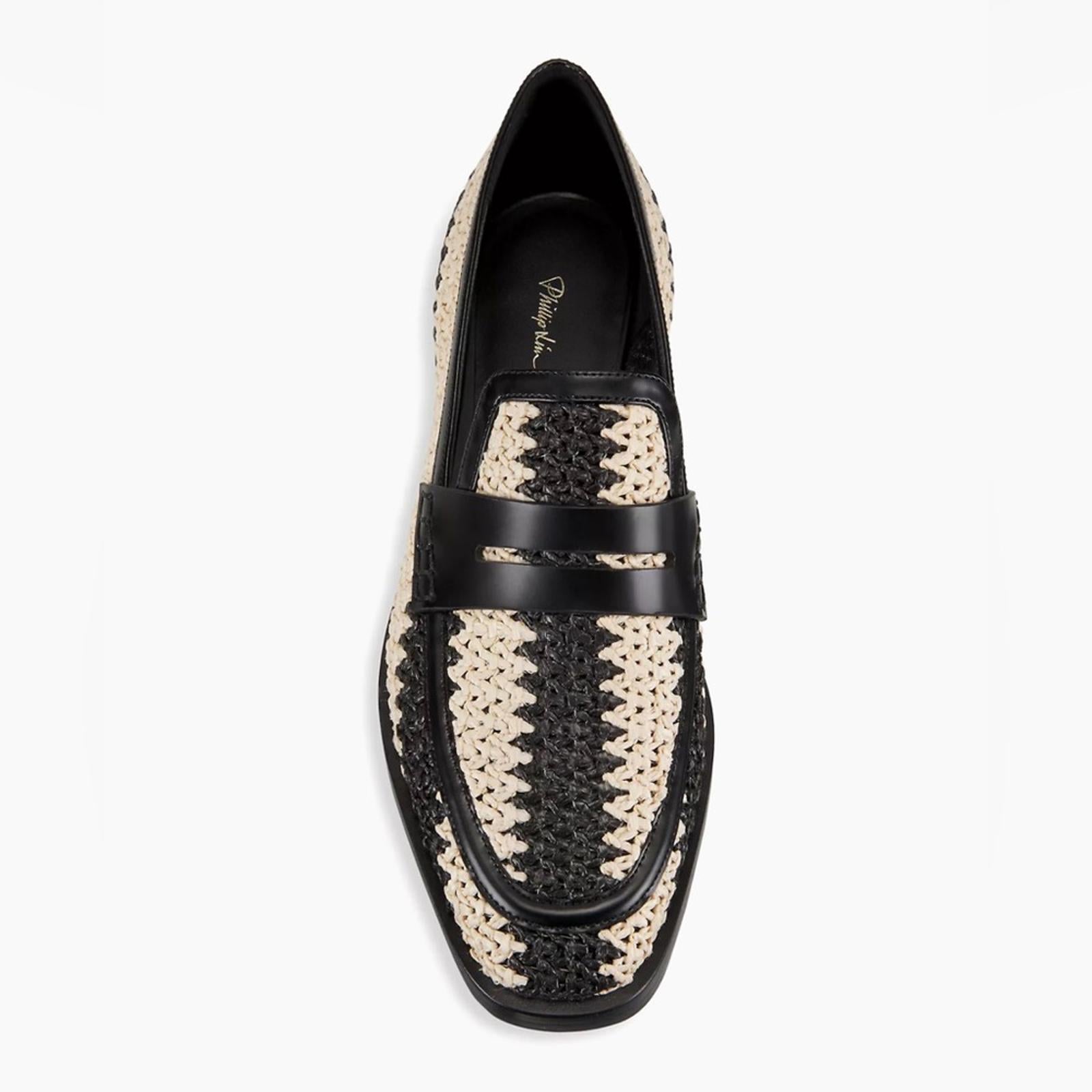 3.1 Phillip Lim Alexa Raffia & Leather Penny Loafers, White/Black, Size 36