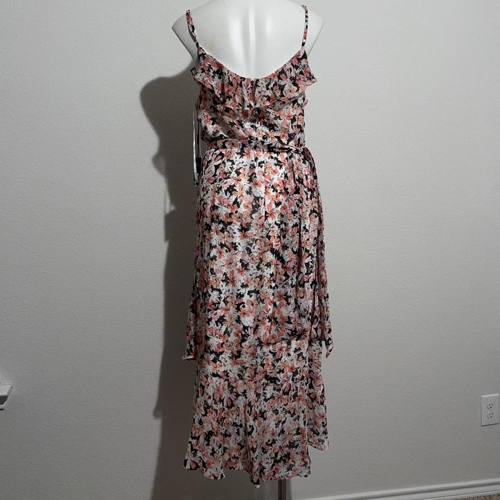 Karl Lagerfeld Paris Floral Ruffled Tie-Waist Chiffon Midi Dress, Size 16 NWT