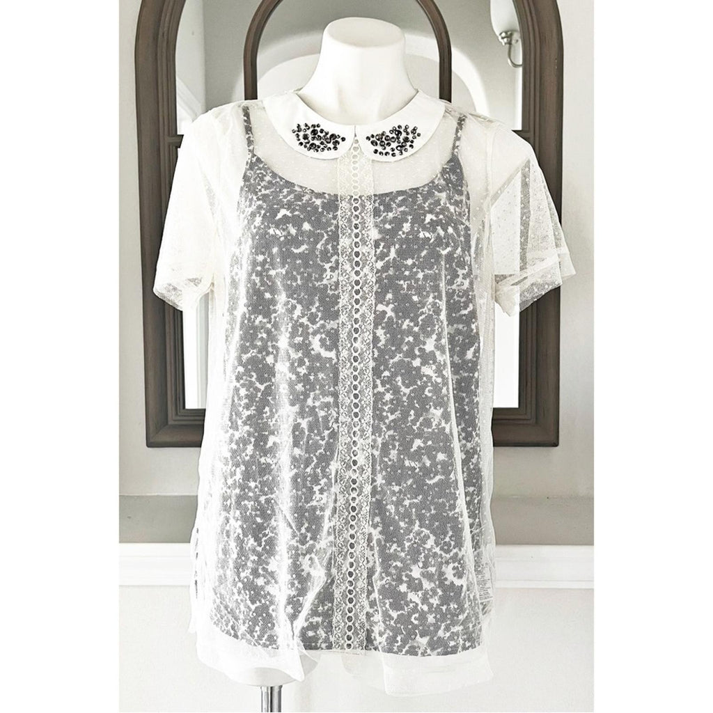 Next 2-Piece PeterPan Embelished Collar Mesh Blouse & Camisole Size UK 18, US 14