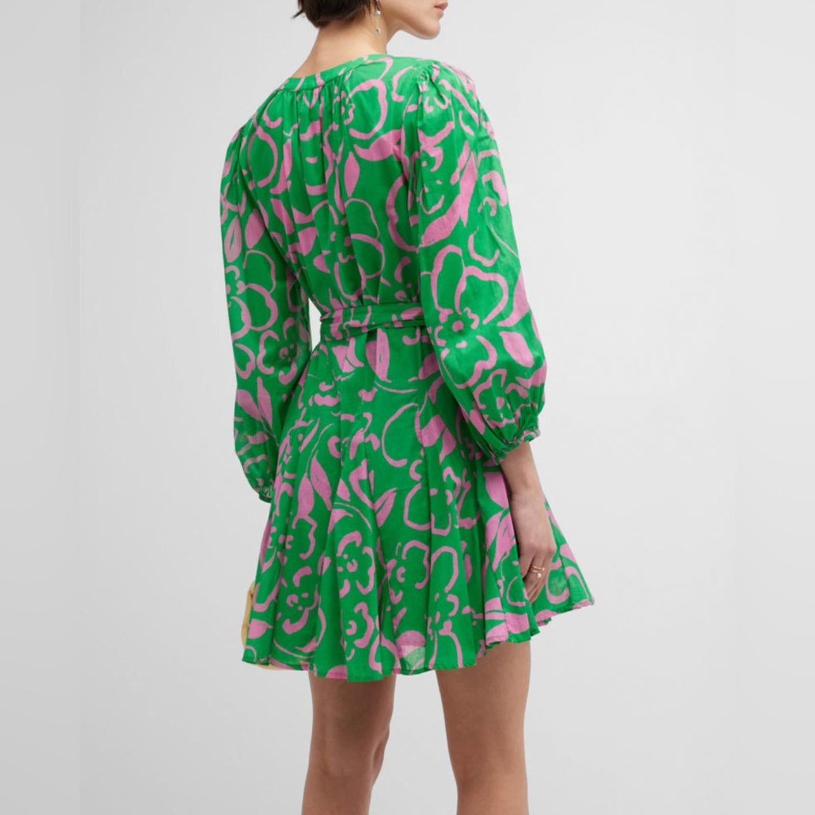 Velvet Kiki Short Tie-Belt Printed Cotton Dress in Green/Link, Size XS NWT