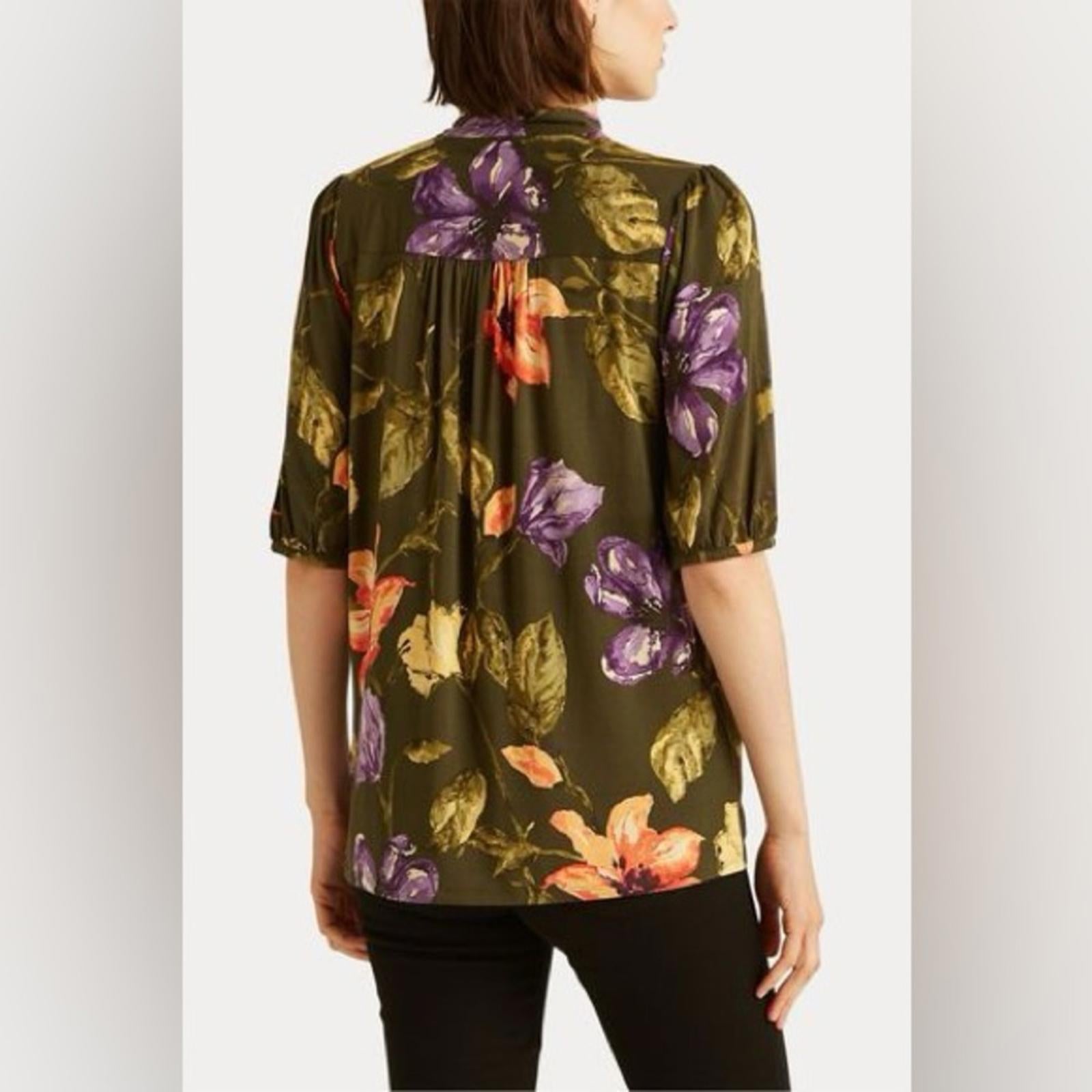 Ralph Lauren Floral Jersey Tie-Neck Blouse in Farm Olive, Plus Size XXL, NWT