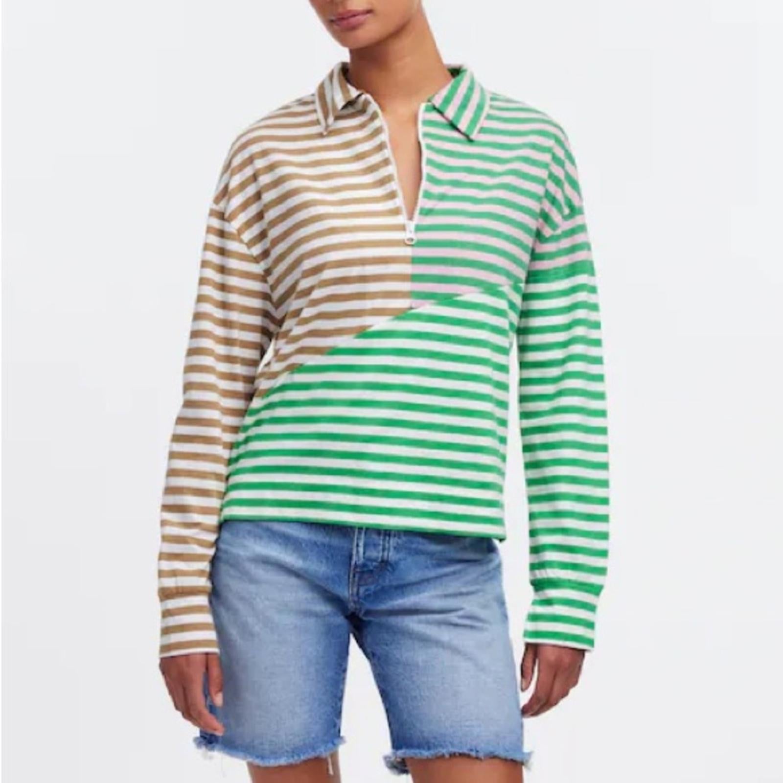 Kule The Beck Zip Neck Top Sweatshirt in Green Multi, Size S New w/Tag $168