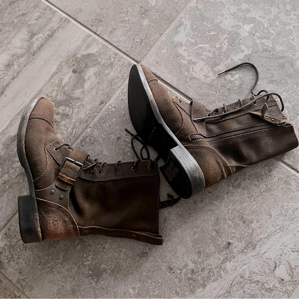 UGG Australia Marela Dark Lace-Up Leather Booties in Chestnut Brown, Size 7