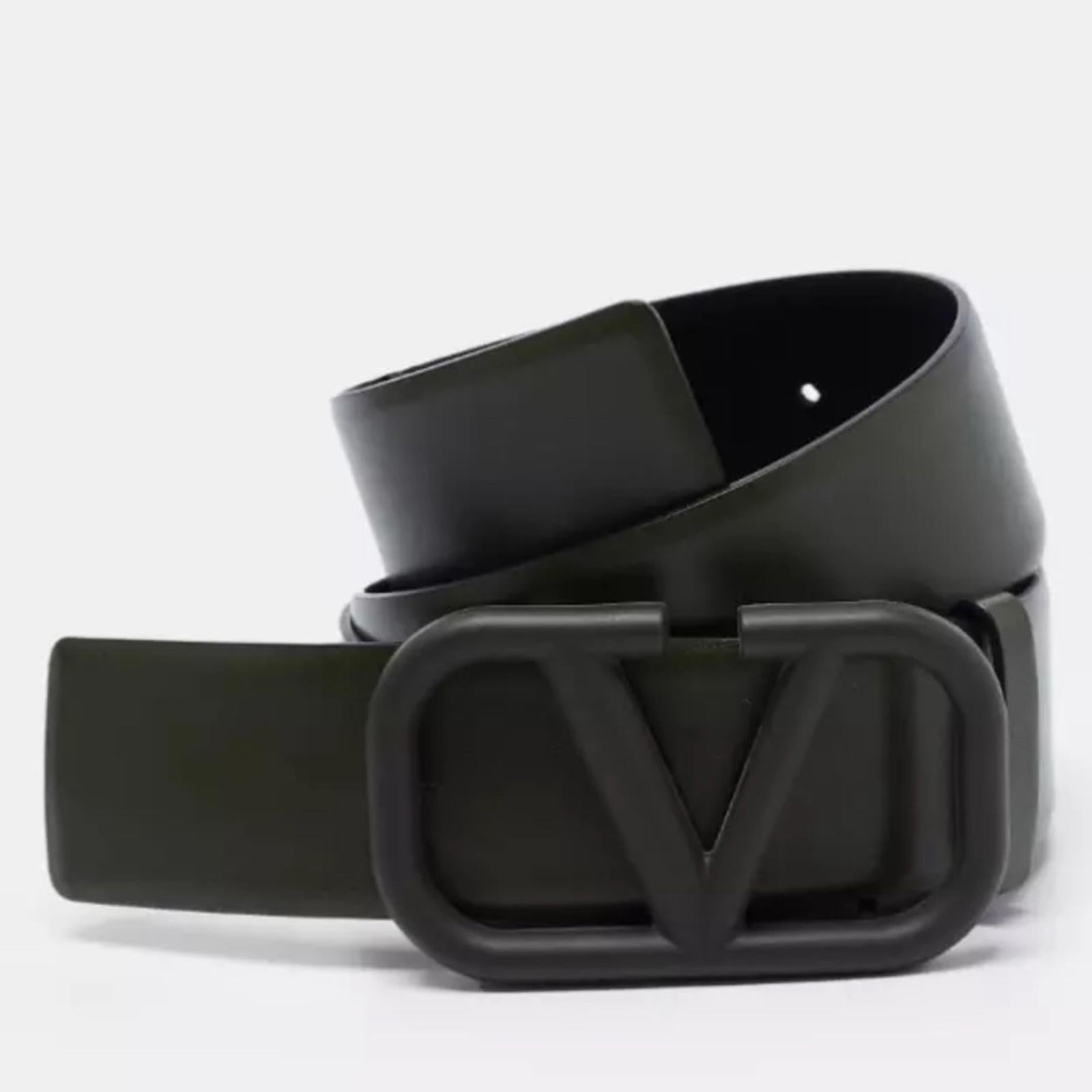 Valentino Garavani V-Logo Plaque Leather Belt in Olive Green, Size 90 New w/Tag