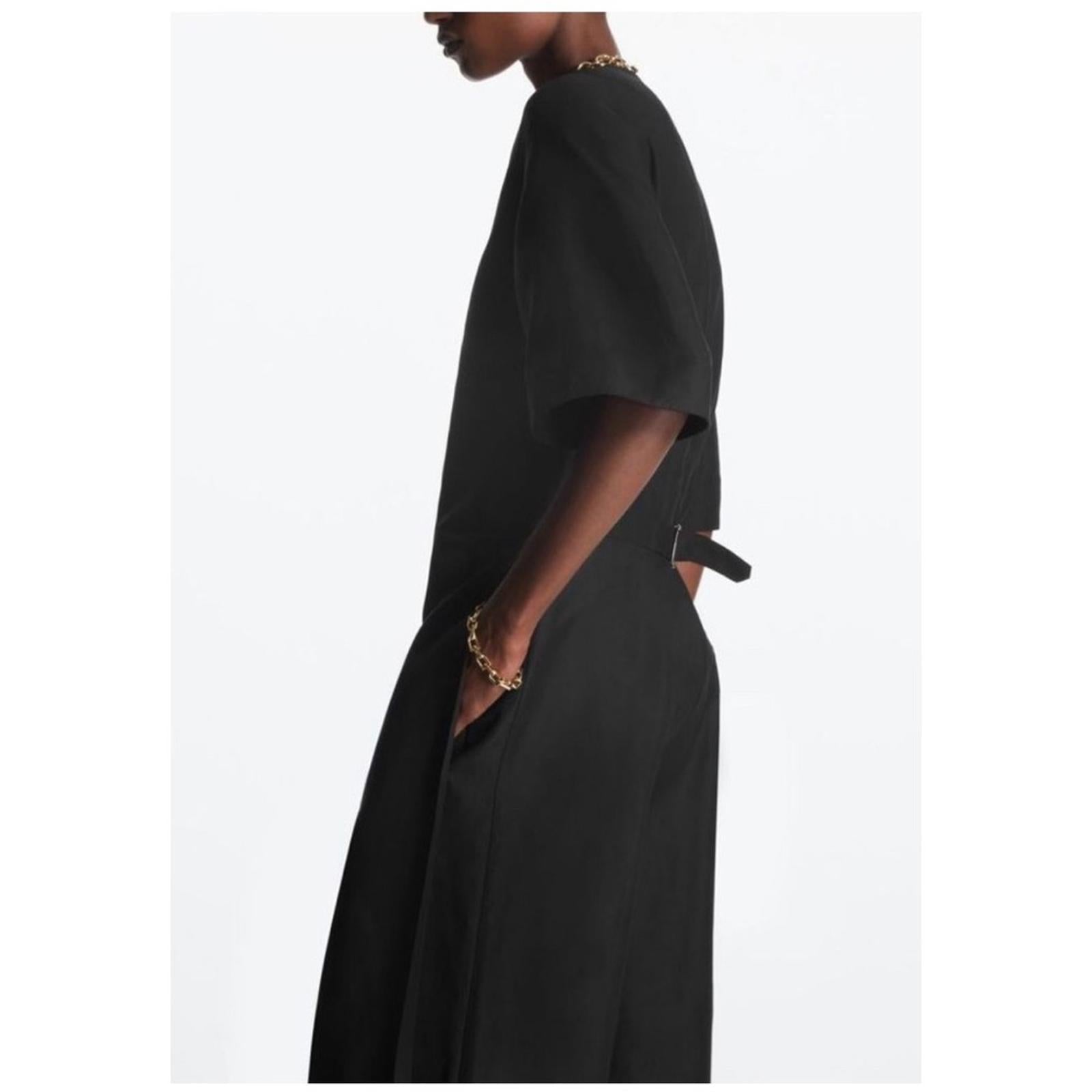 COS Linen-Blend V-Neck Short Sleeved Wide-Leg Jumpsuit,  Black Size 12 EXCELLENT