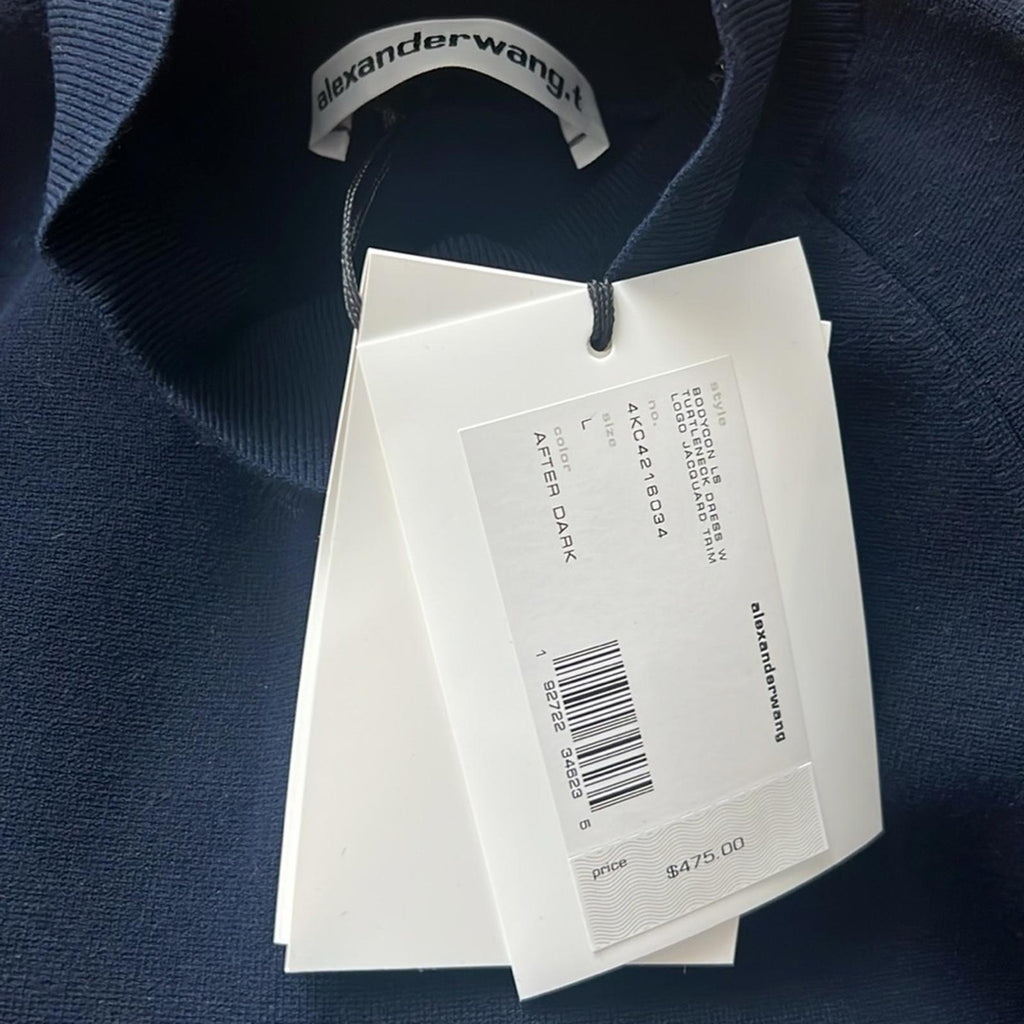 Alexander Wang Bodycon LS Turtleneck Dress w/Logo Jacquard Trim Size L NEW wTag
