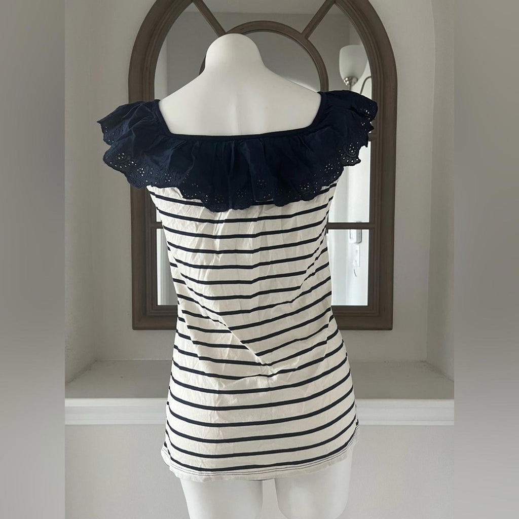 Lauren Ralph Lauren Striped Eyelet Ruffle Top, Cap Sleeve Round Neck Size XL NWT