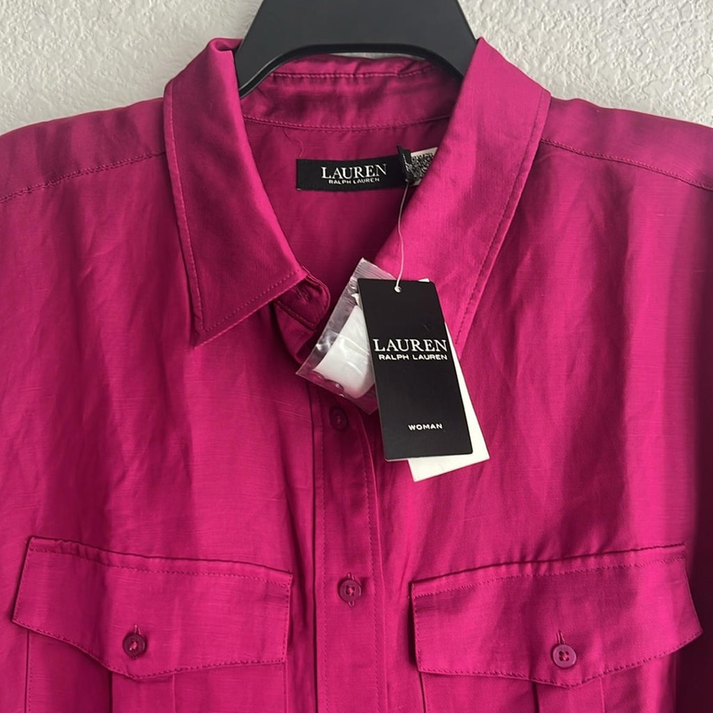 Lauren Ralph Lauren Satin Long Sleeve Buttoned Top in Fuchsia, Plus Size 1X NWT