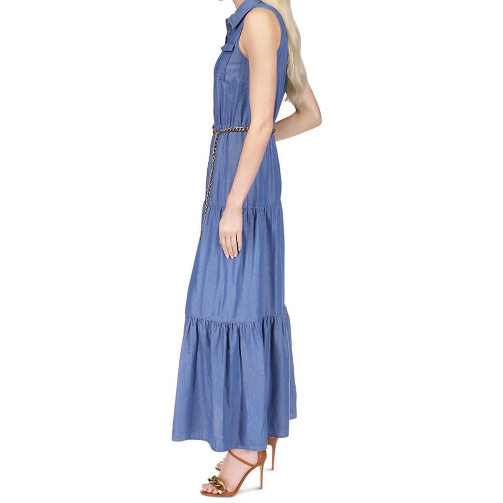 Michael Kors Chambray Tiered Ankle Dress in Light Cadet Wash, Size XS NWT $195