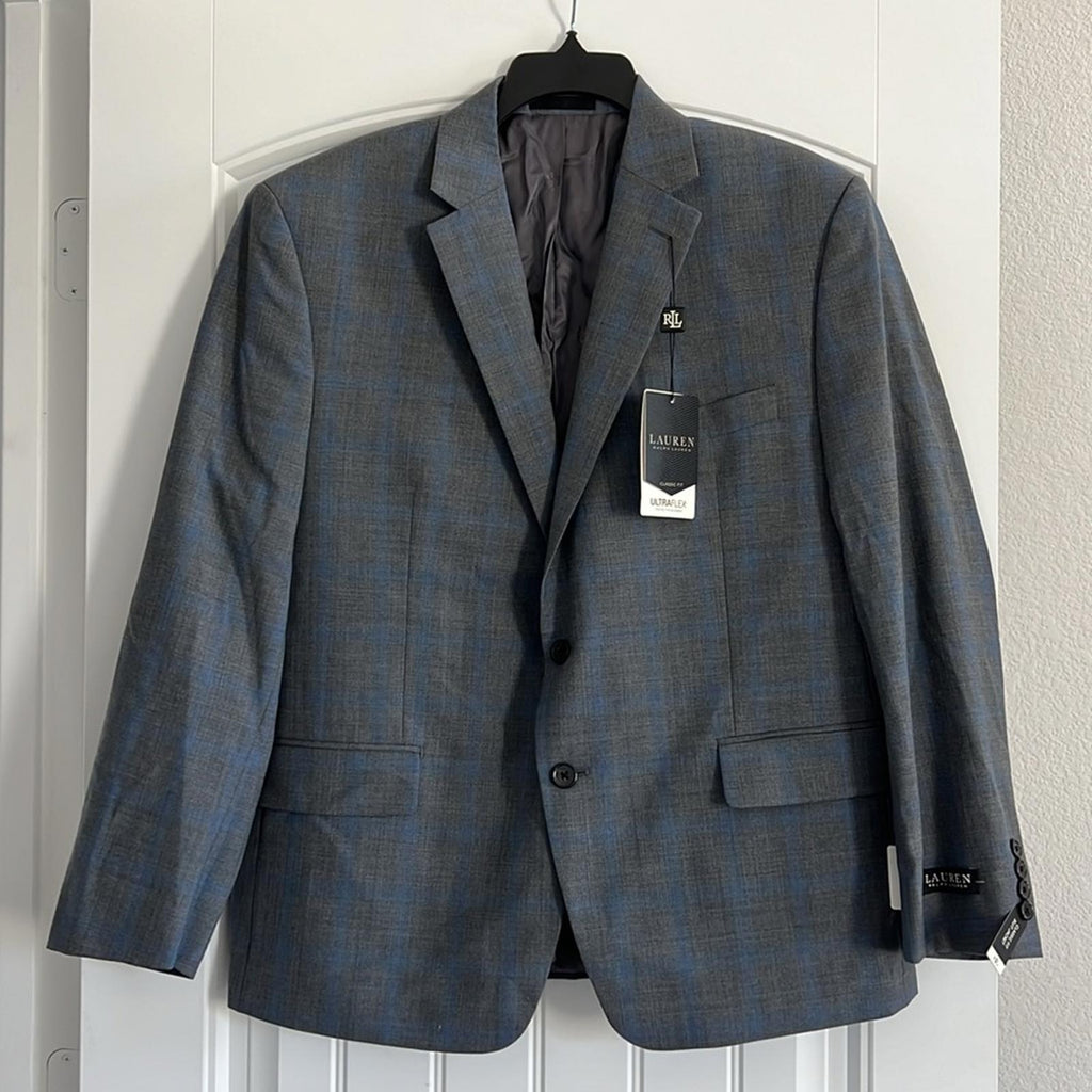$450 Lauren Ralph Lauren Gray Blue Plaid Classic-Fit Blazer, UltraFlex Size 44S