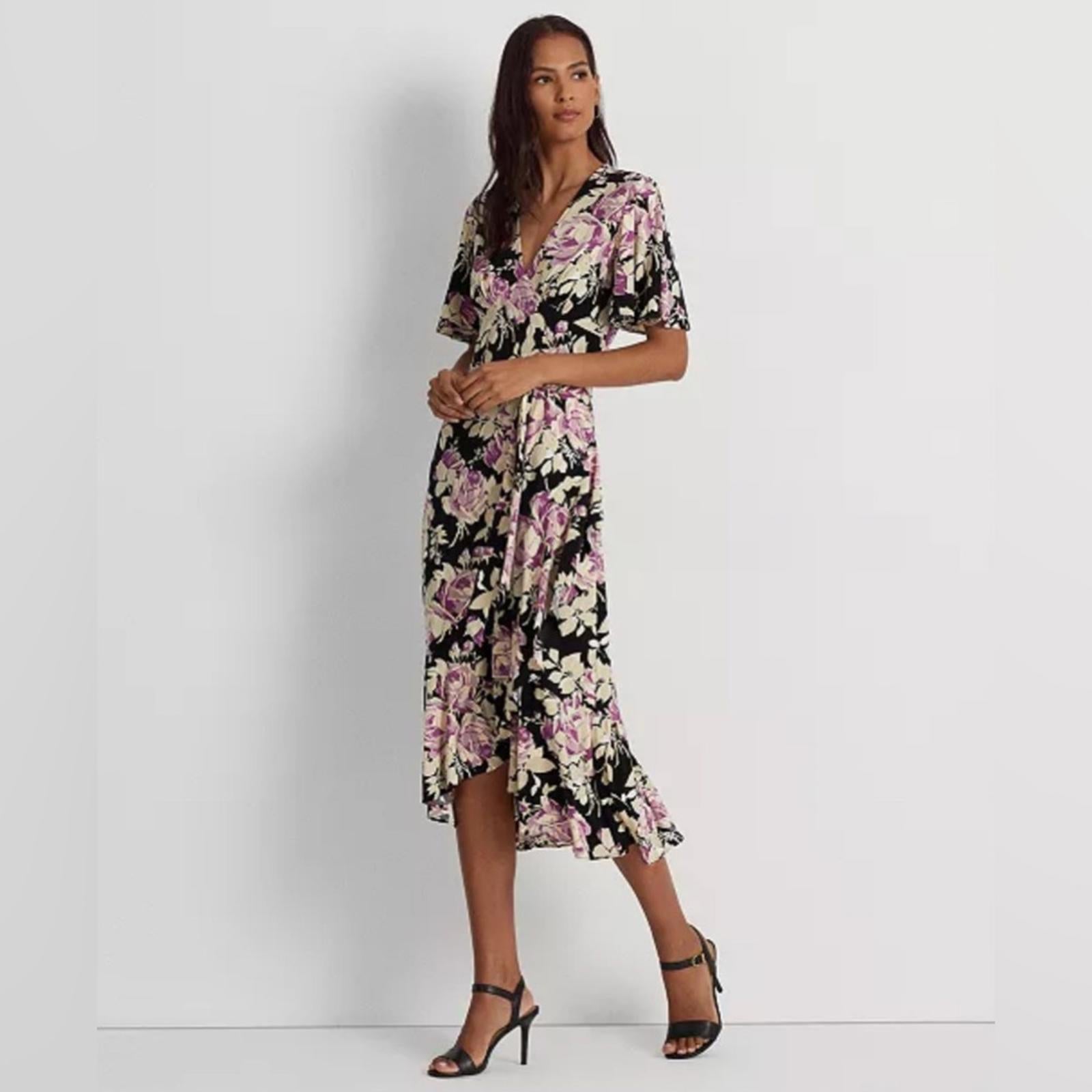 NEW Lauren Ralph Lauren Floral Belted Jersey Dress Size 16 EXCELLENT Retail $338