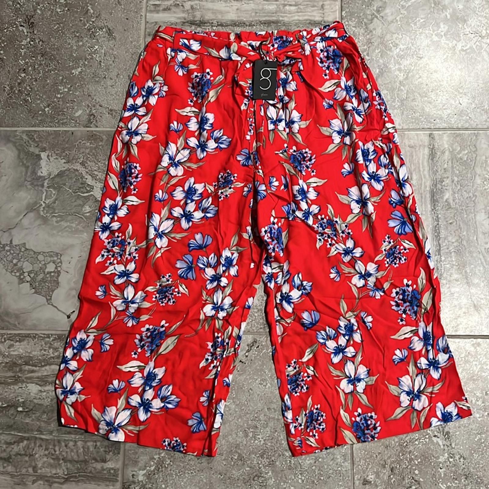 Gibson Look Cropped Wide Leg Belted Pants in Red Print, Size XL New in Packaging
