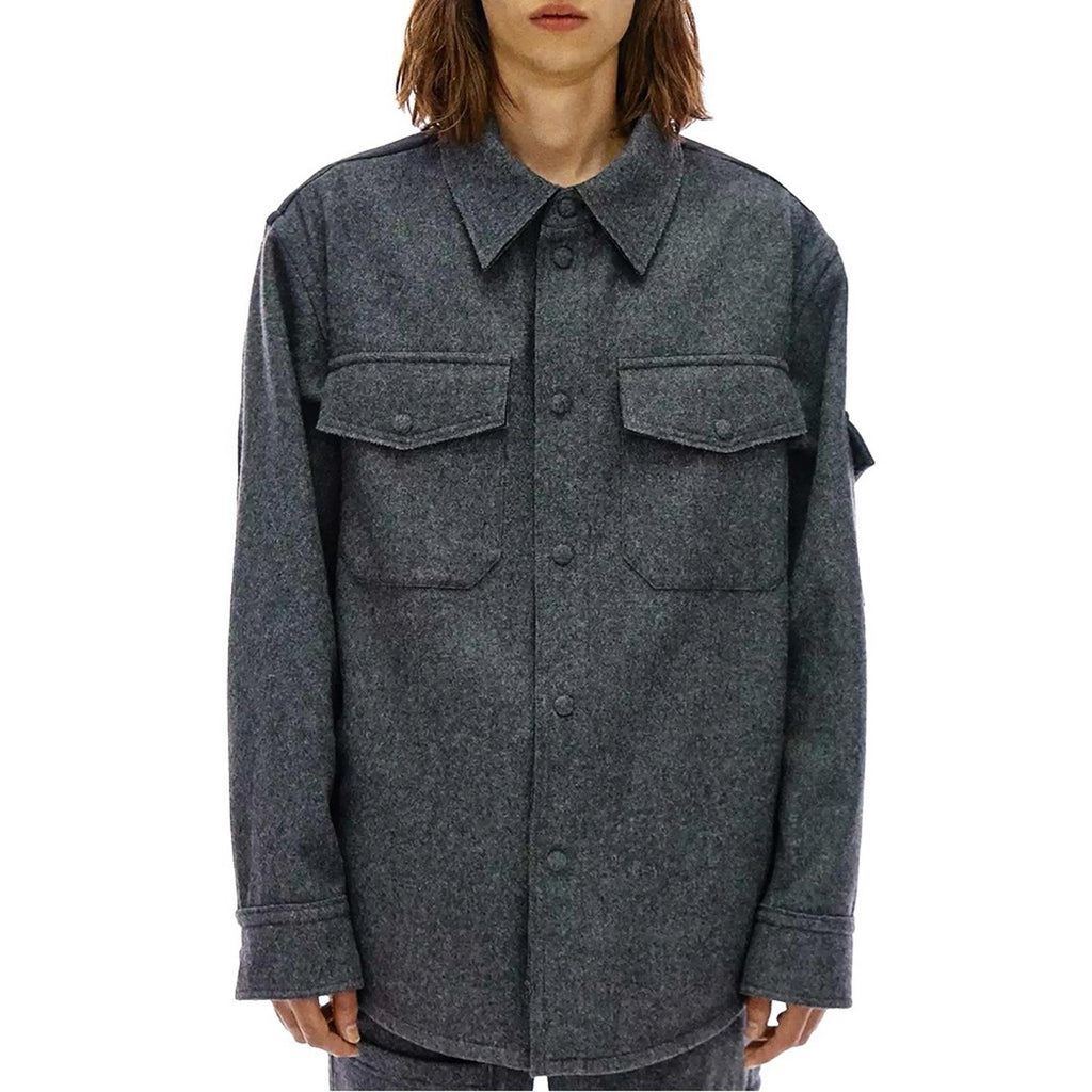 Helmut Lang Wool-Blend Flannel Shirt in Grey Melange, Size M New w/ Tag $595