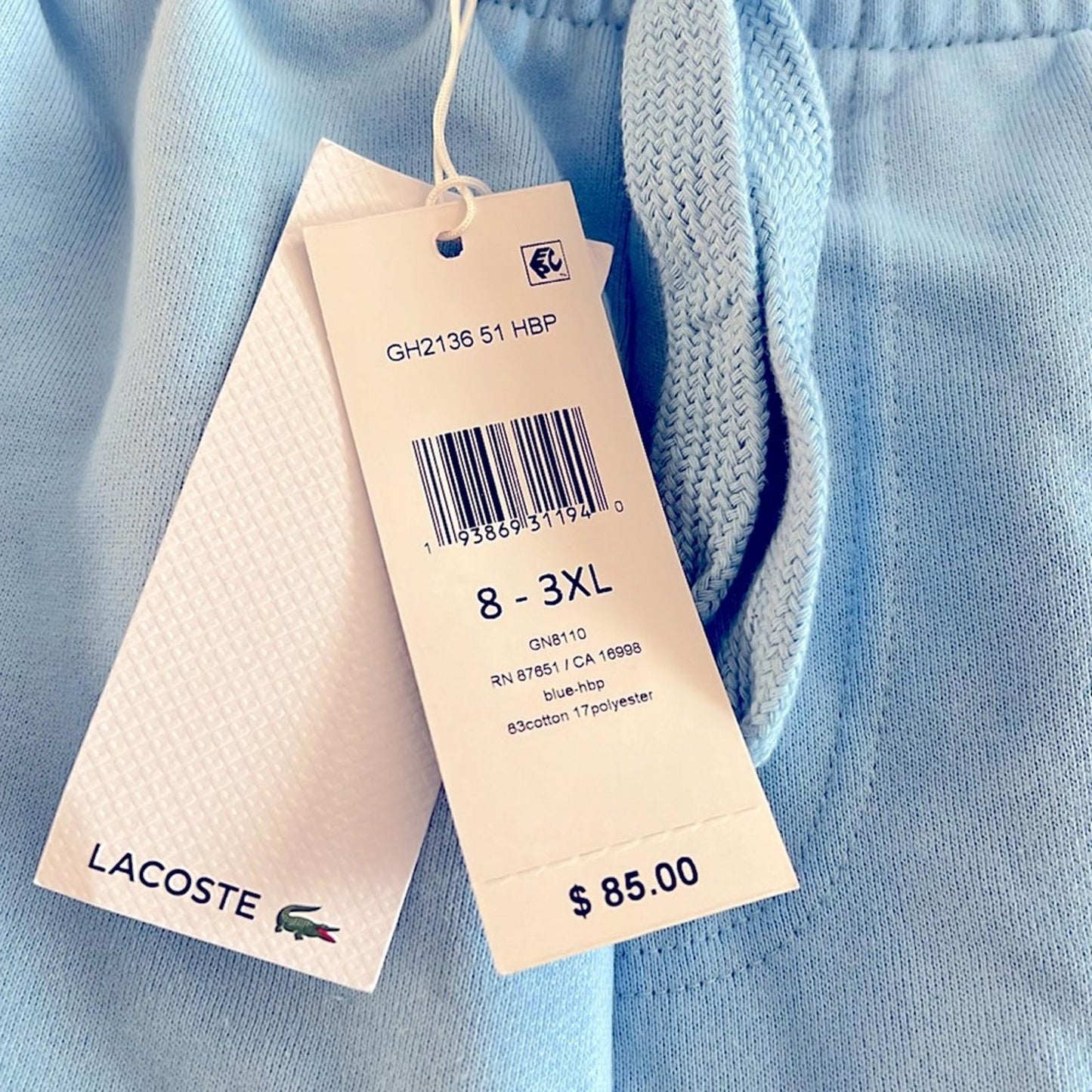 NWT Lacoste Sport Tennis Fleece Shorts, Light Blue, Men’s Size 8-3XL Retail $85