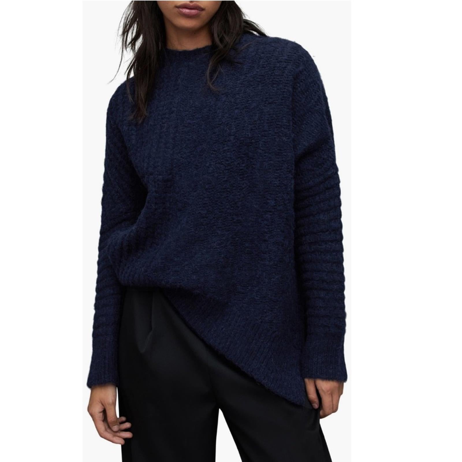 All Saints Selena Mixed Stitch Asymmetric Sweater Midnight Blue Size S New w/Tag
