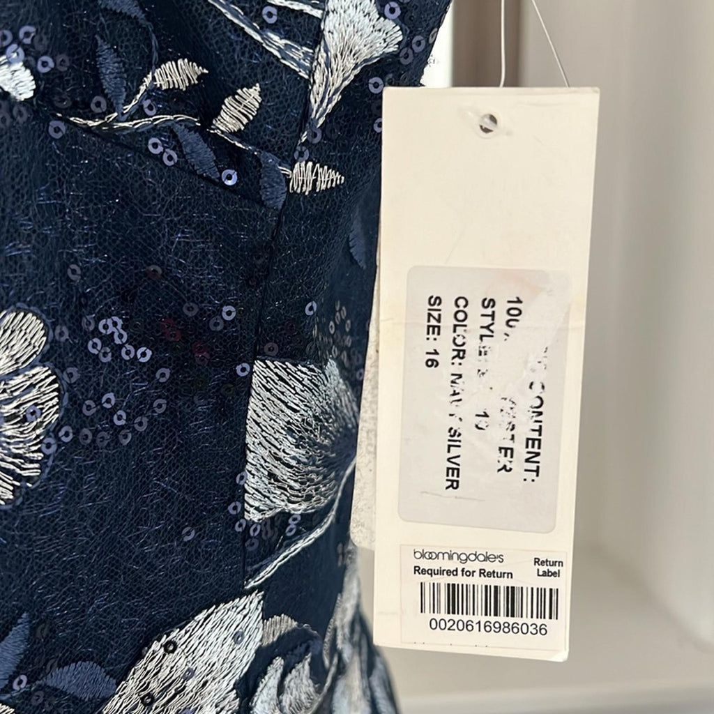 Teri Jon Embroidered Mesh Gown in Navy/Silver, NWT, Size 16