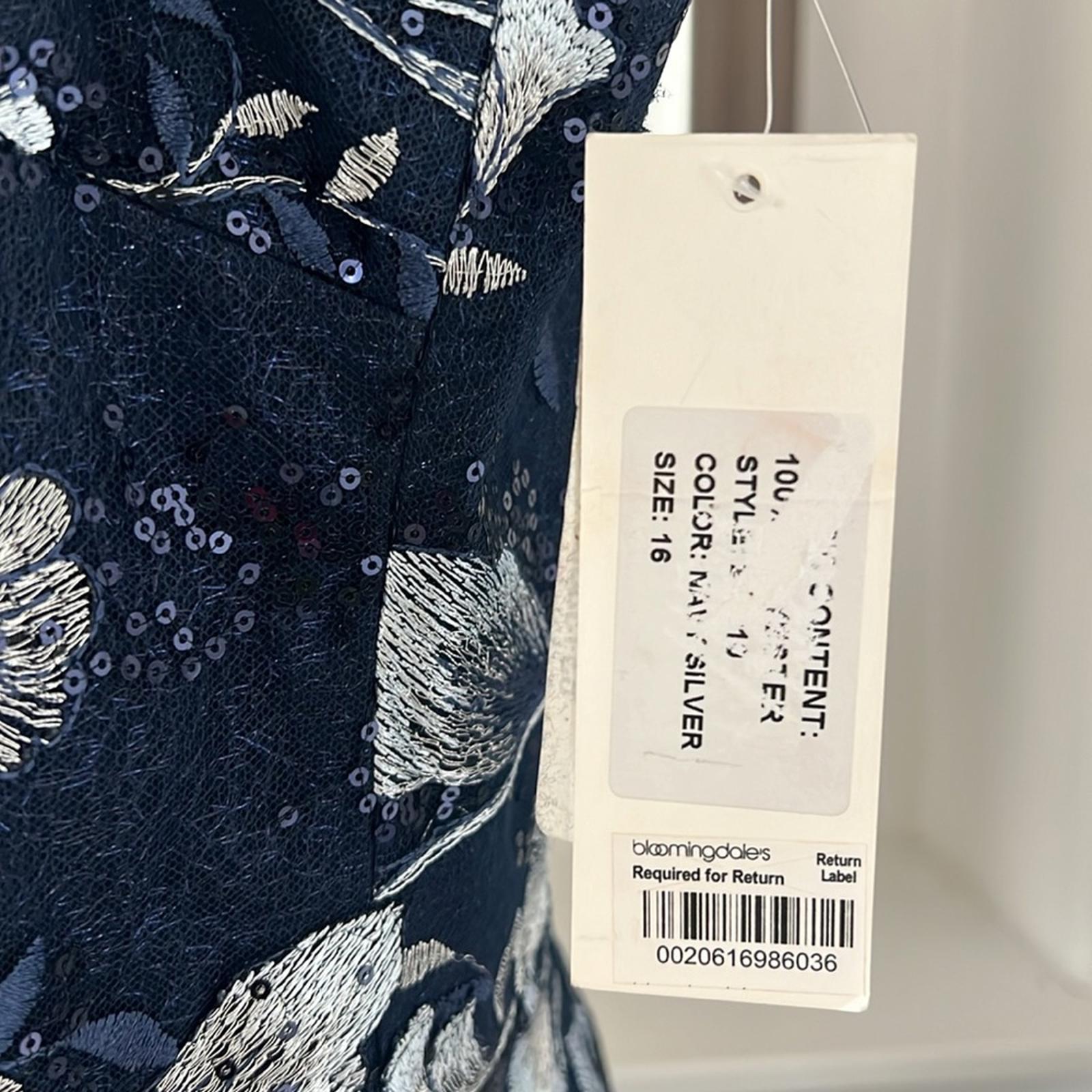 Teri Jon Embroidered Mesh Gown in Navy/Silver, NWT, Size 16