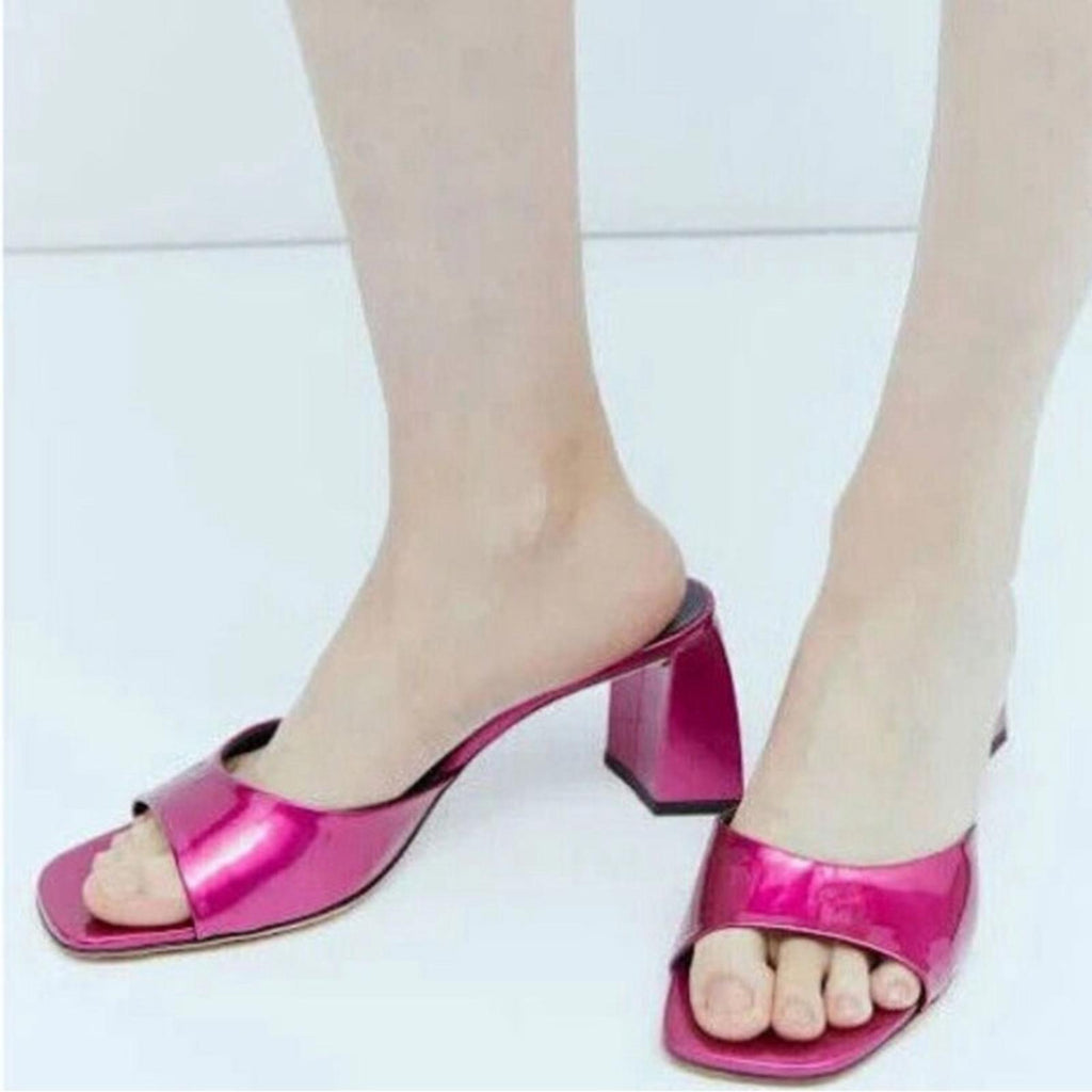BY FAR Romy Lac Square Toe Block Heel Sandals Iridescent Fuchsia Size 37 NWT
