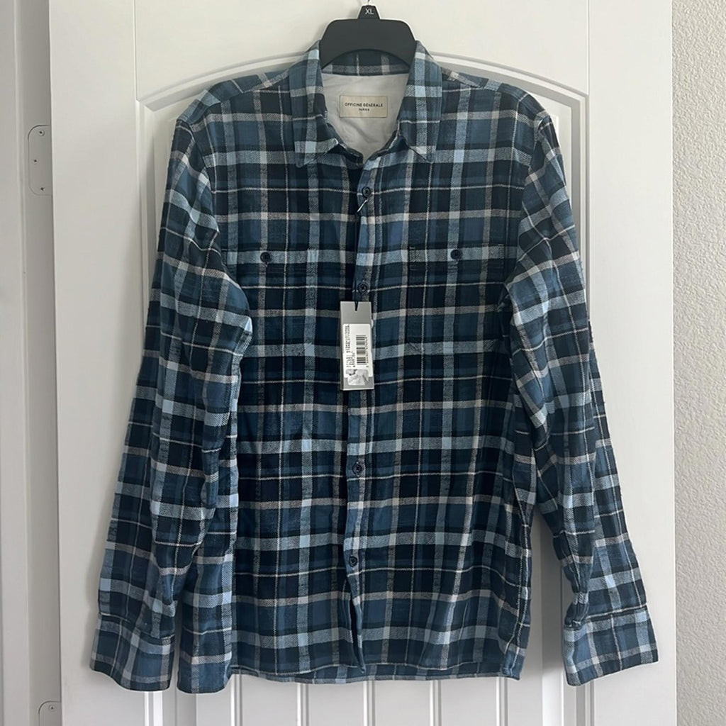 Officine Générale Ahmad Twill Check Button Down Shirt, Size L New w/Tag $395