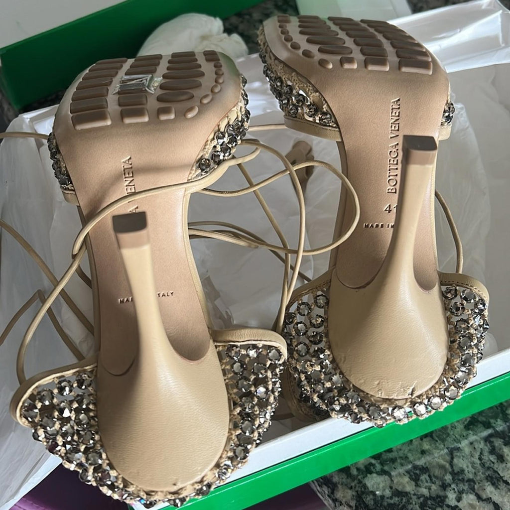Bottega Veneta Sparkle Stretch Lace-Up Sandals, Toile Size 41 New in Box $1950