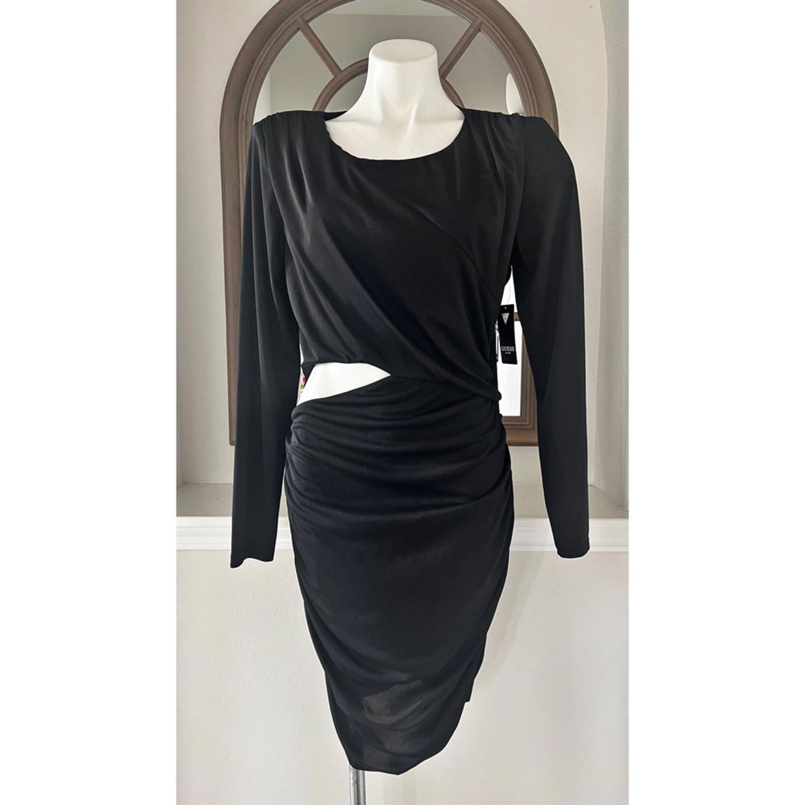 Guess Ruched Cut-Out Long-Sleeve Dress in Black, Size 14 New w/Tag $138