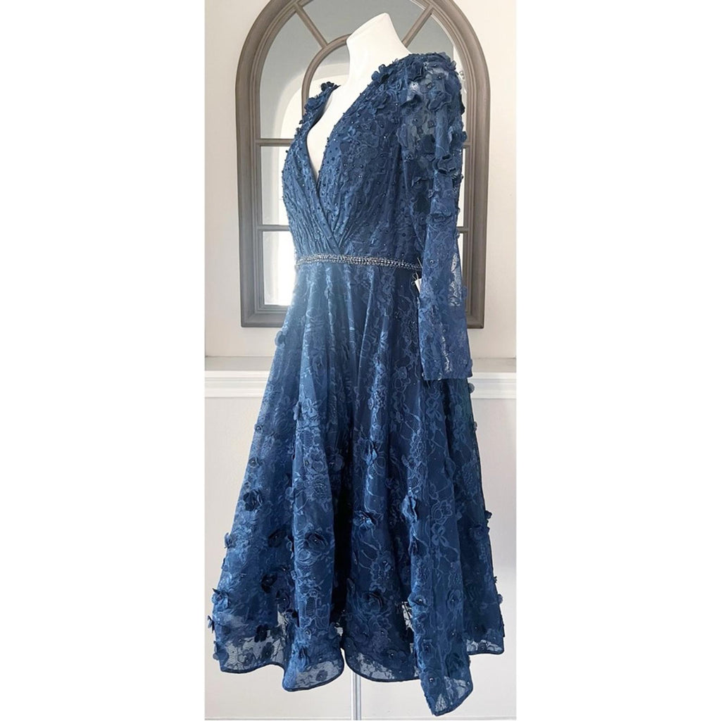 Mac Duggal Fit & Flare Lace Dress w/Floral Appliqués Three-Quarter Sleeve