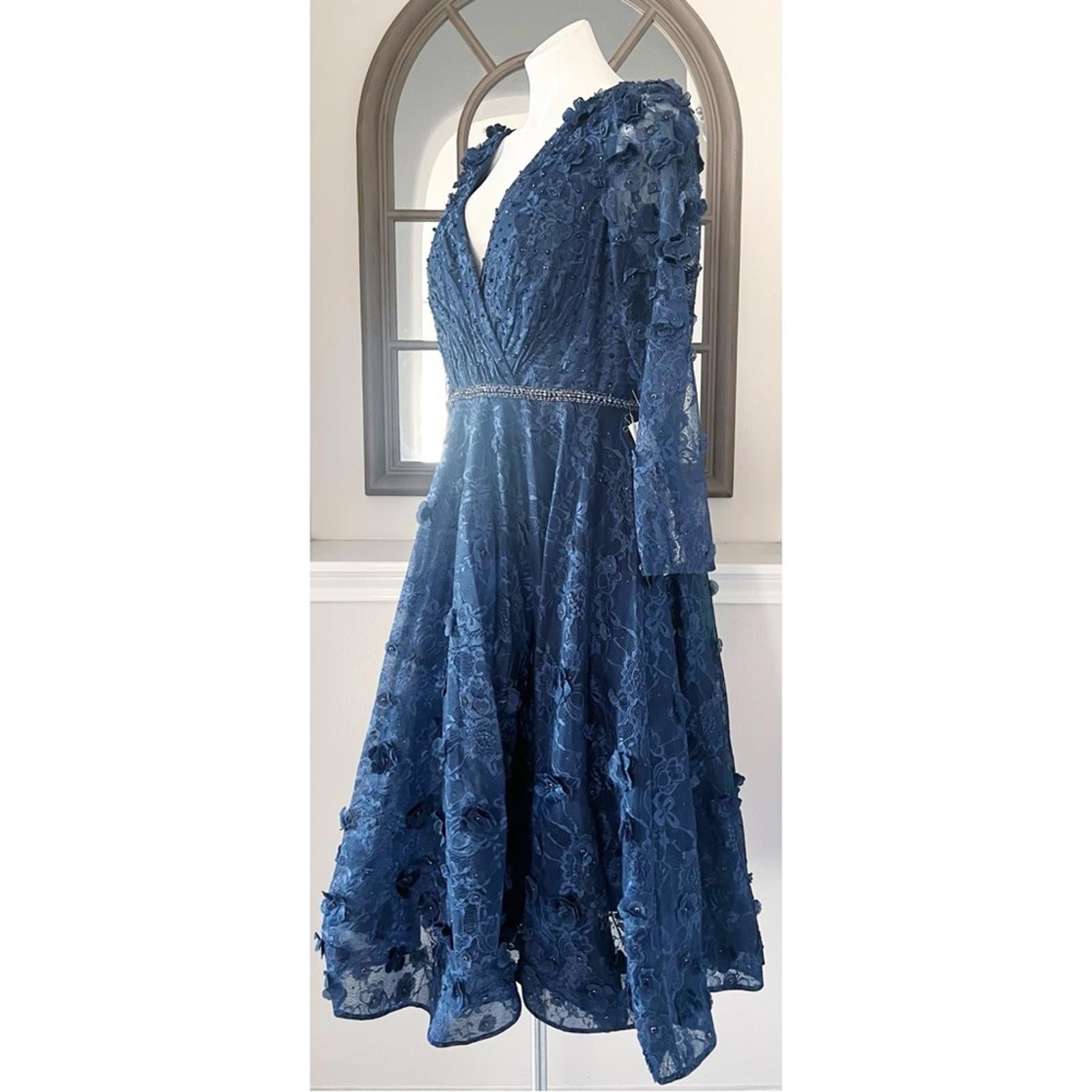 Mac Duggal Fit & Flare Lace Dress w/Floral Appliqués Three-Quarter Sleeve