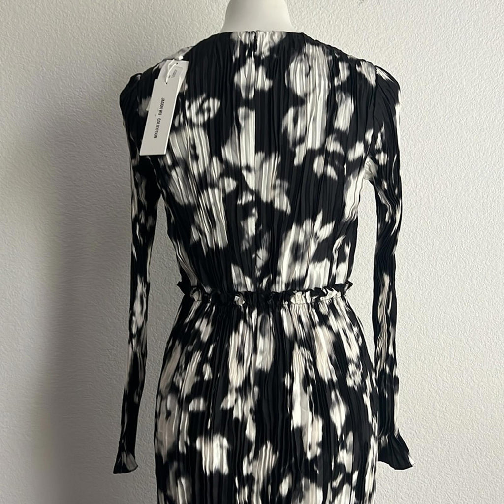 Jason Wu Collection Lace-Paneled Floral Plissé Silk-Satin Midi Dress, NWT, Size4