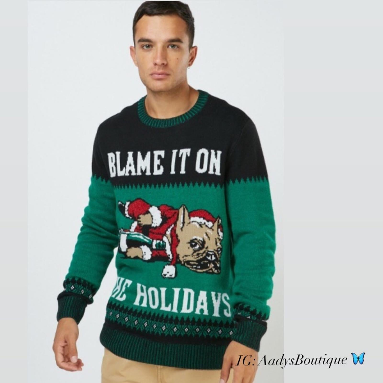 NEW Men’s Sweater “Blame it on the Holidays” Christmas Jumper Crew Neck Size M