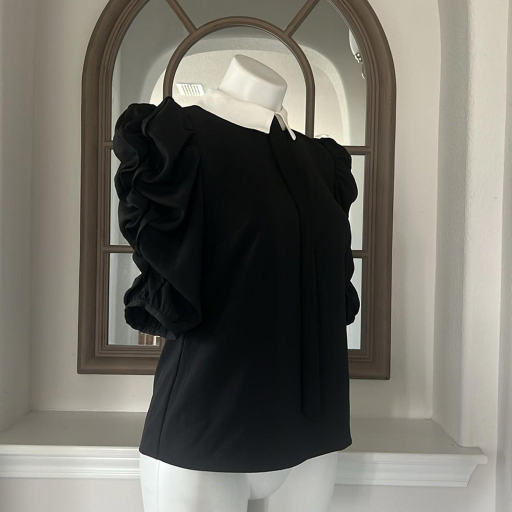 Cece Collared Puff Sleeve Blouse in Rich Black, Size XS New w/Tag Retail $89