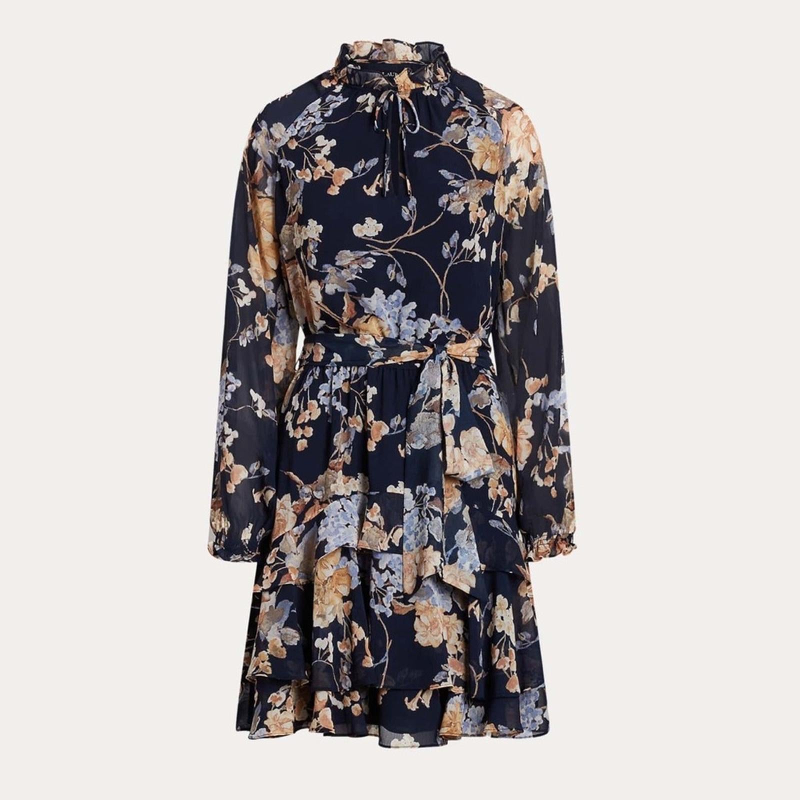 Lauren Ralph Lauren Floral Belted Crinkle Georgette Dress, Plus Size 22W NWT