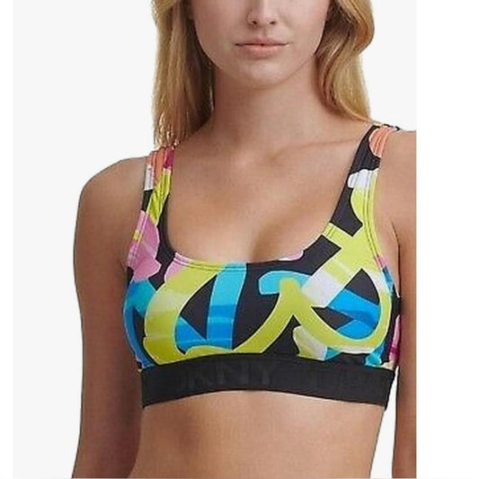 DKNY Black Printed Scoop Neck Swimsuit Top w/Removable Cups, Size L NEW w/Tag