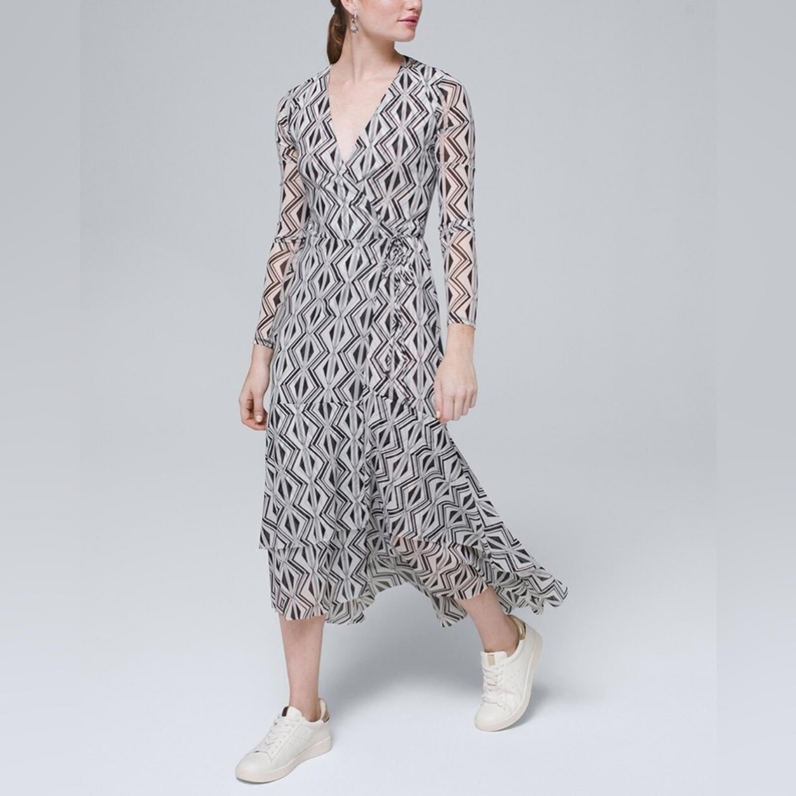WHBM Tiered Mesh Wrap Dress, Black White Size 2, New w/o Tag Retail $160.00