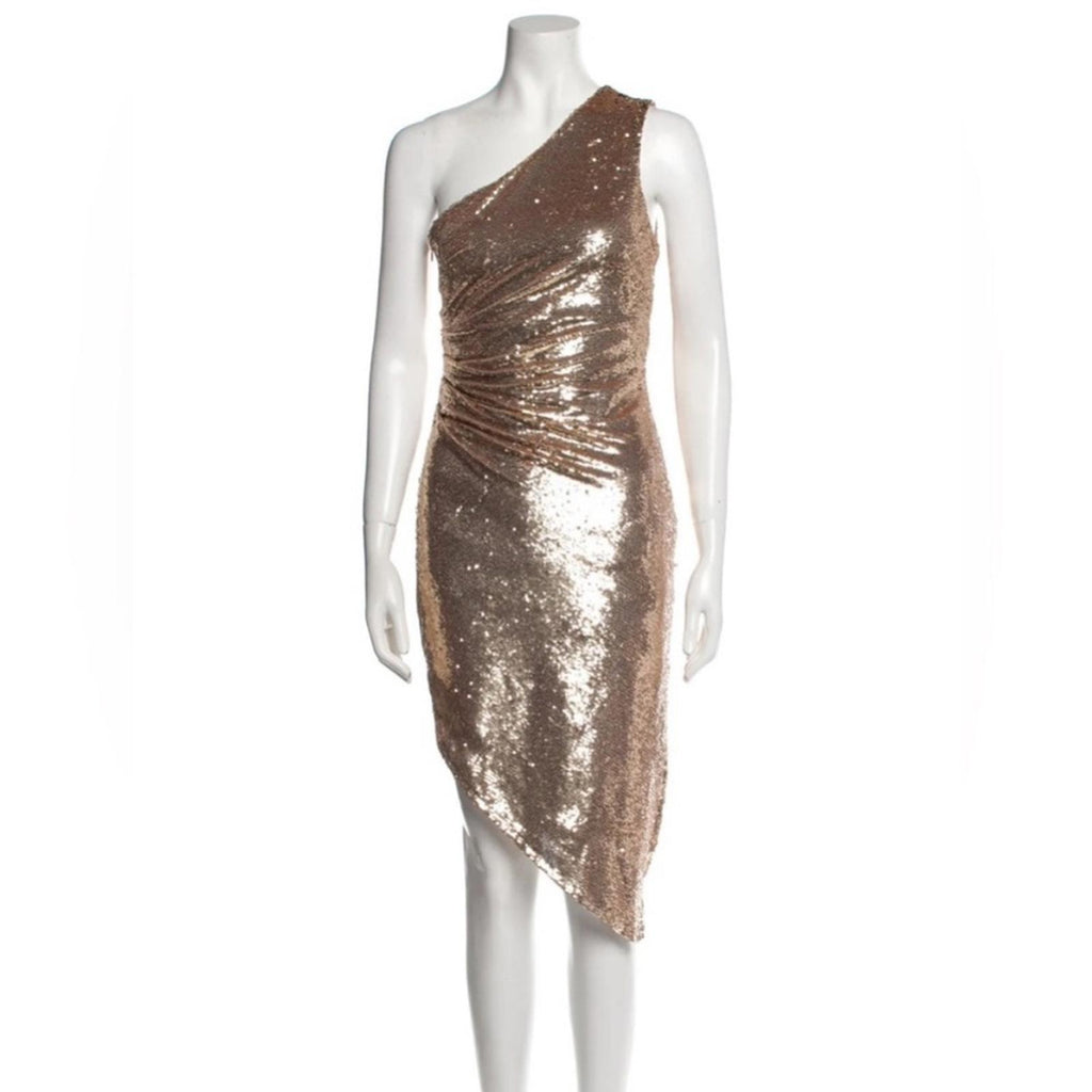 Ronny Kobo Kelly Sequin One-Shoulder Dress, Metallic Gold Size S NEW w/Tag $548