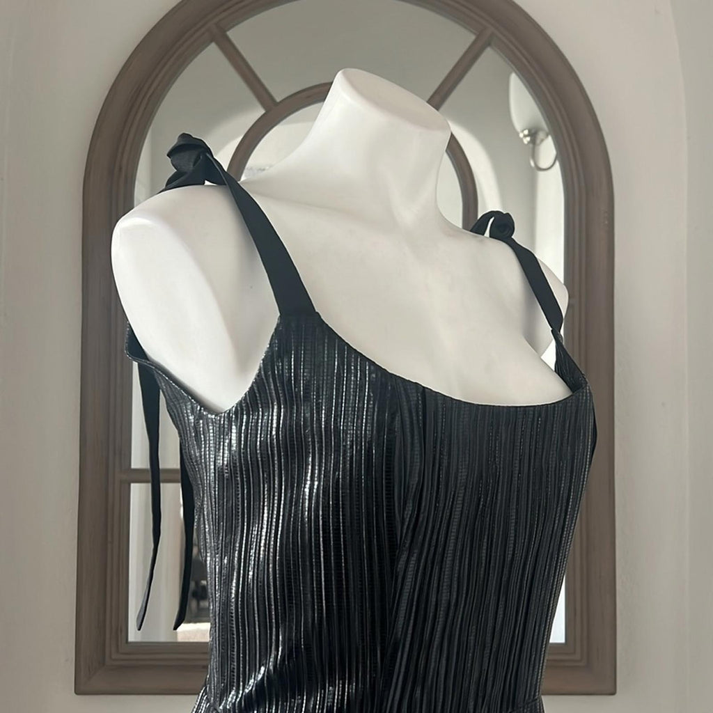 Markarian Imogen Pleated Midi Dress in Black Lame, NWT, Size 6, Retail $1695