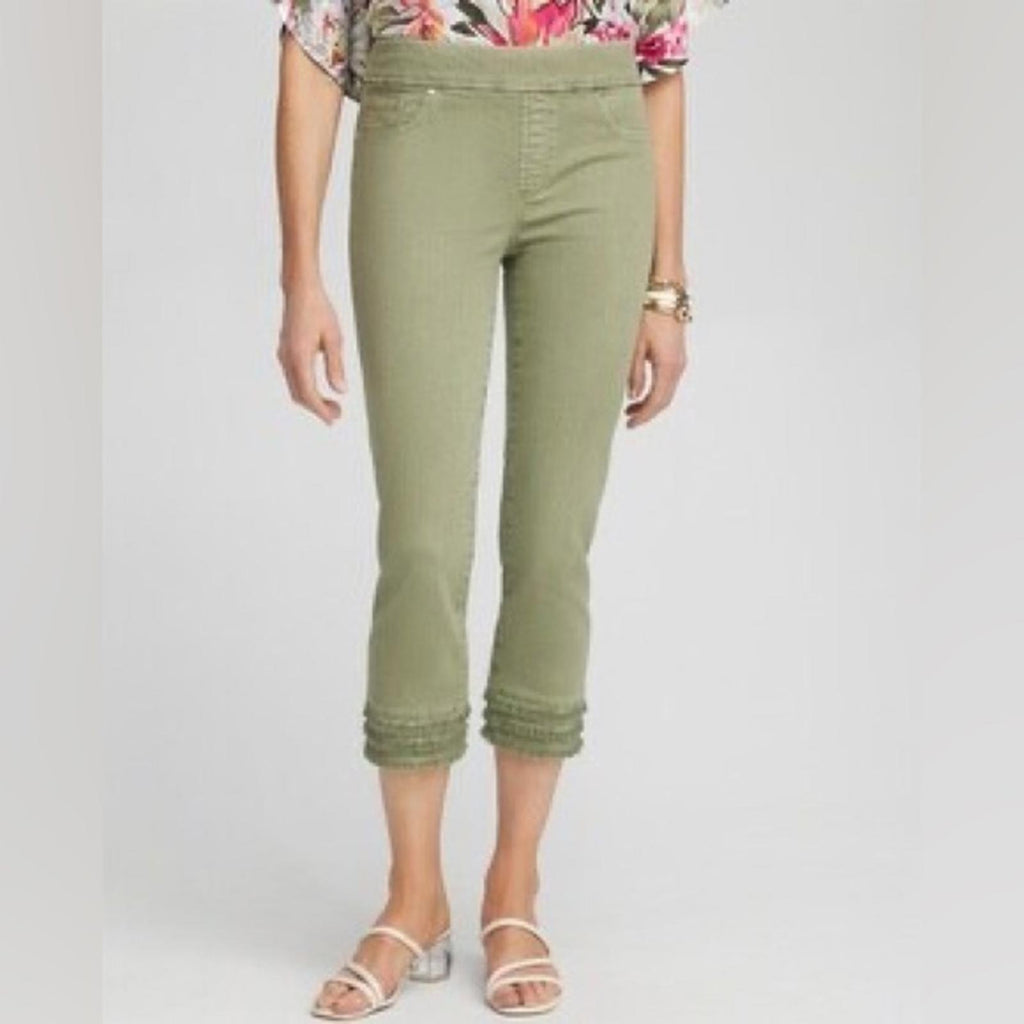 Chico’s Denim Trip Fray Hem Pull-On Capris in Jardin Green Size 3 US16 New w/Tag