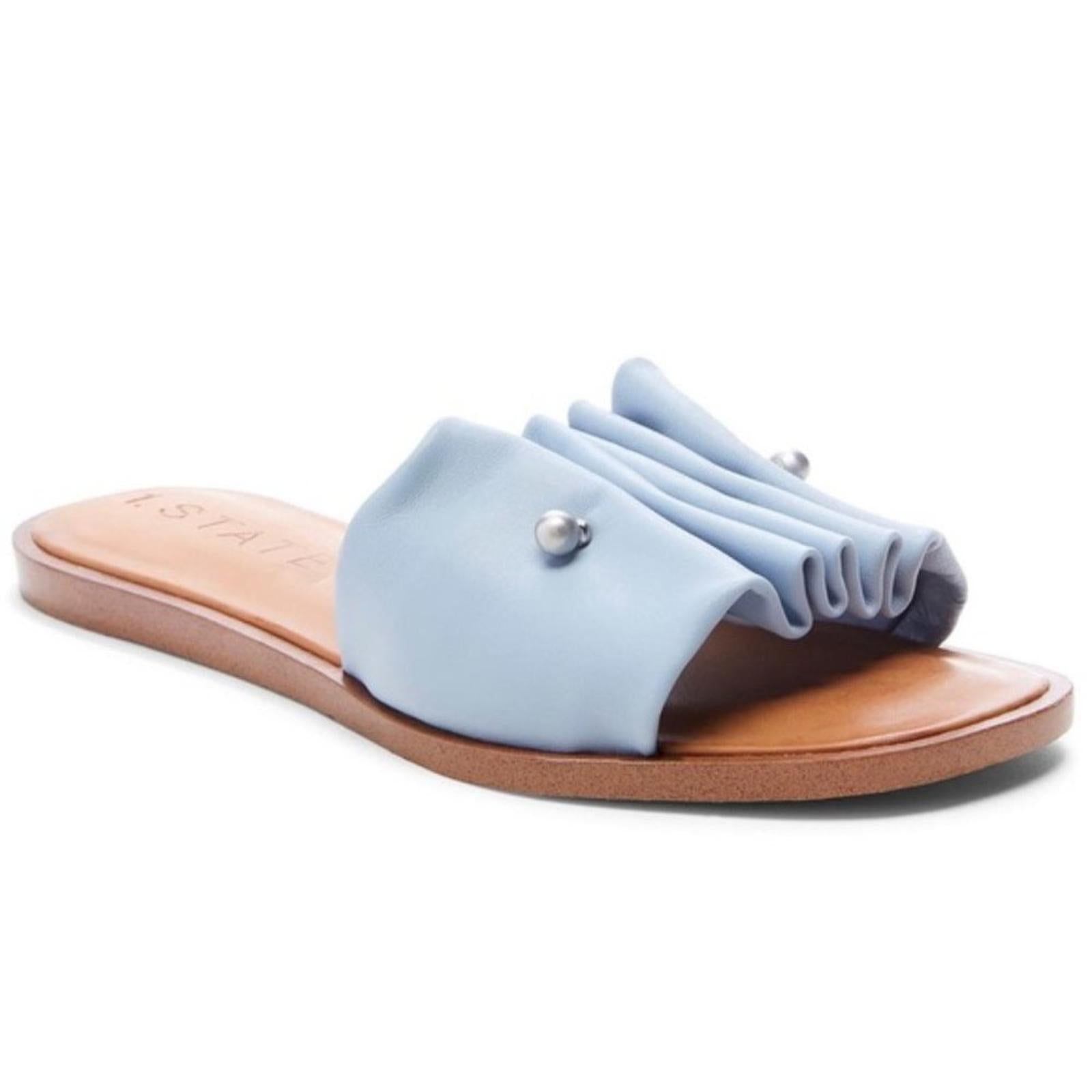 1.State Blue Fann Ruched Leather Slide Sandals, Size 7.5 New in Box