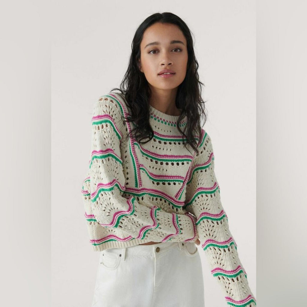ba&sh Ecru Hicham Jumper Stripe Pointelle Sweater, Ivory Size XS Retail $336