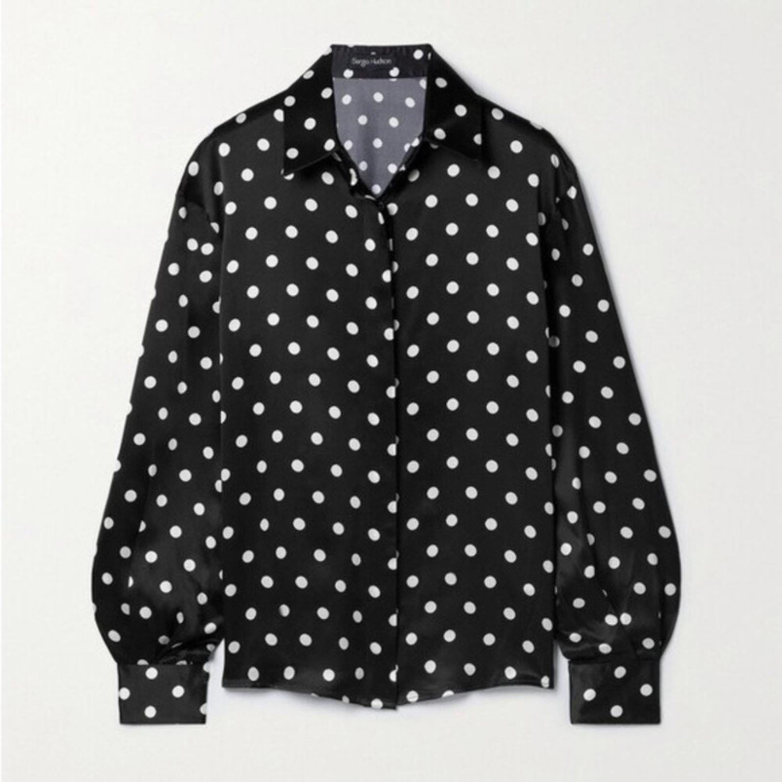 Sergio Hudson Polka Dot Silk Charmeuse Button-Up Blouse, Black/White XS NWT $795