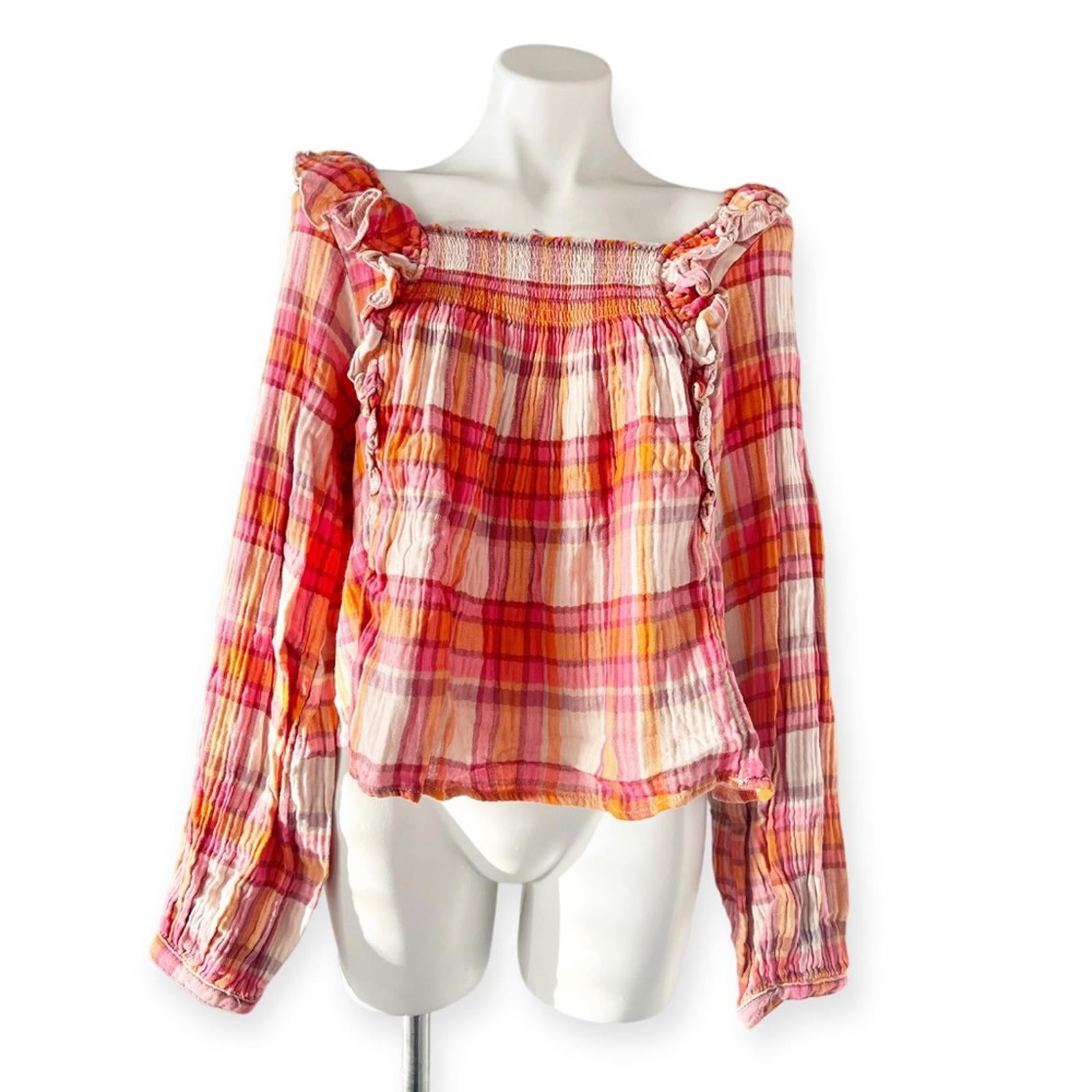 Free People Siena Plaid Long Sleeve Ruffle Top Cotton Size S New w/Tag