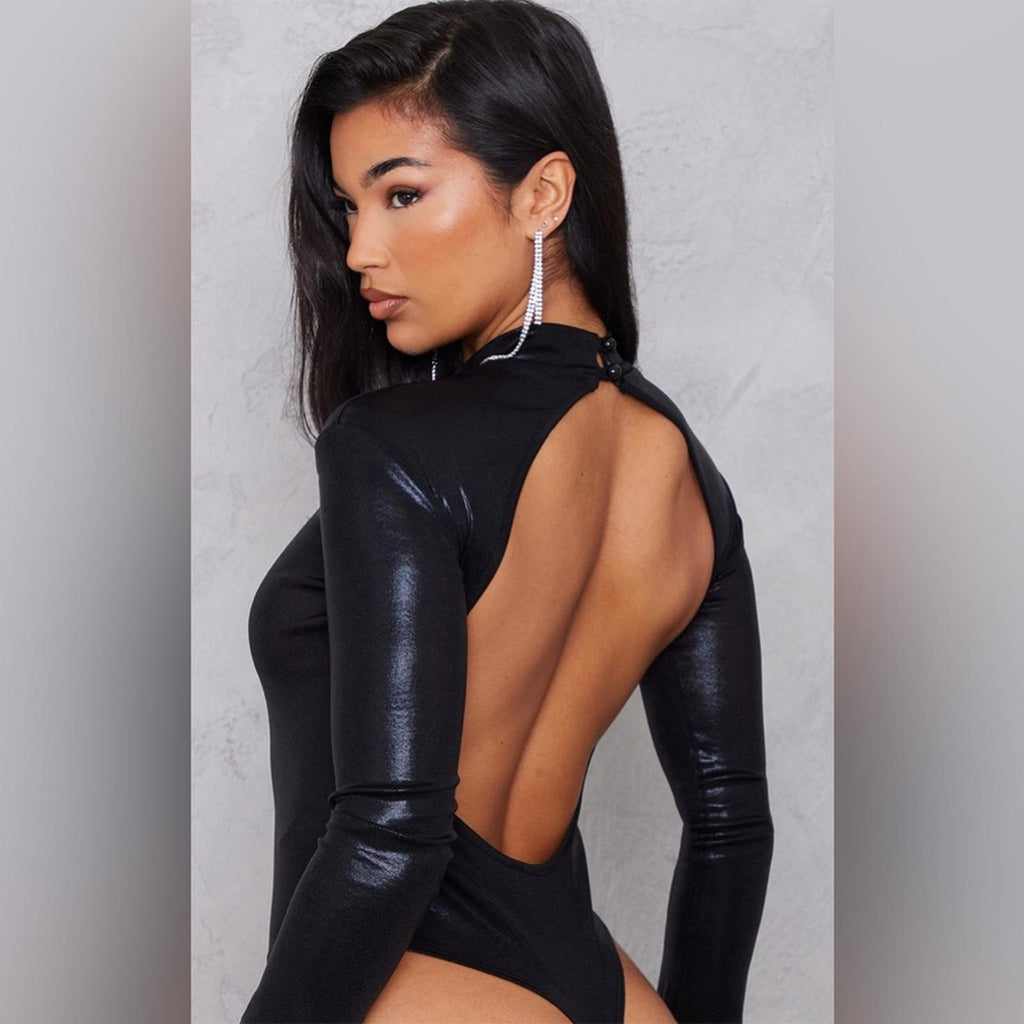 PrettyLittleThing Black Metallic High Neck Open Back Bodysuit, Size UK10 US6 NEW