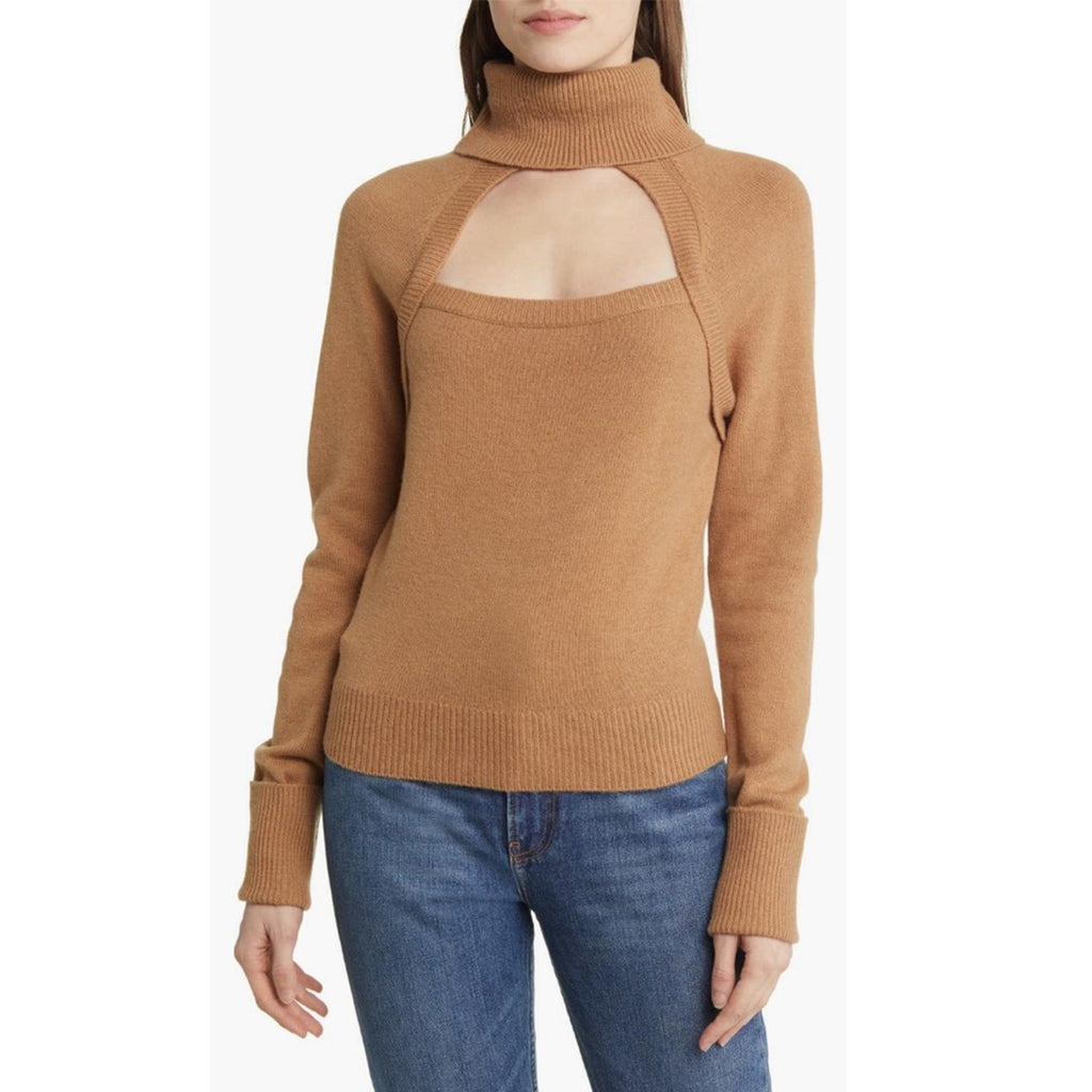 Paige x Revolve Cherise Cut-Out RollNeck Sweater Toffee Bronze Size M NEW w/Tag